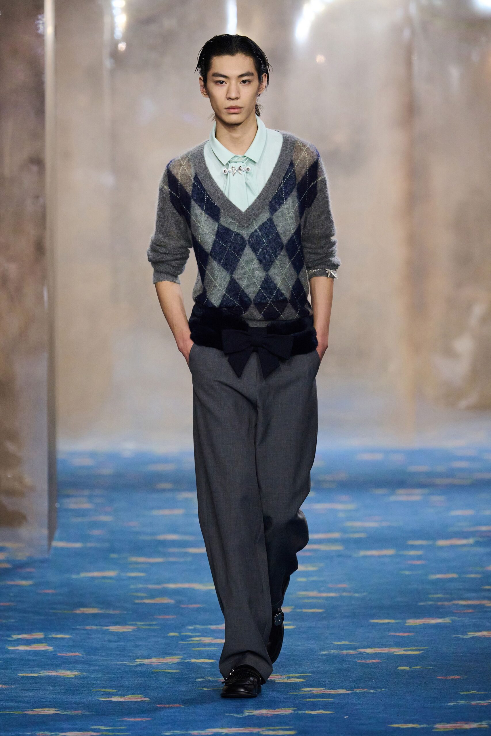 gray wool argyle sweater with tailored pants