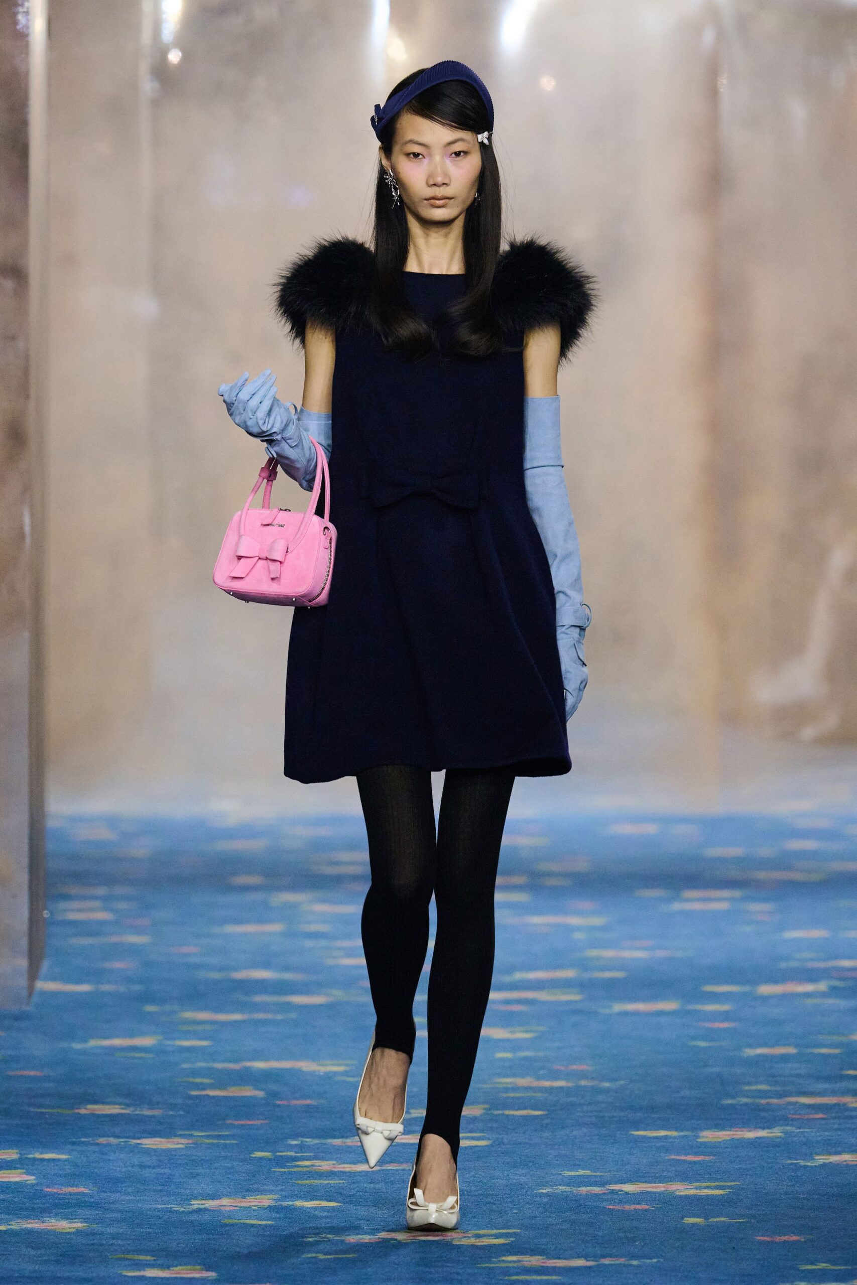 navy mini dress with blue gloves