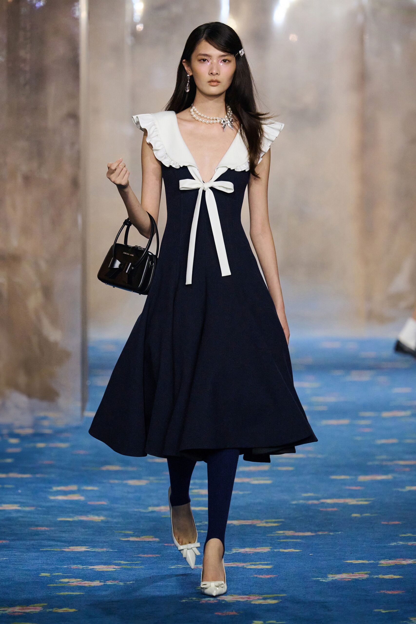 navy and white ruffled midi dress