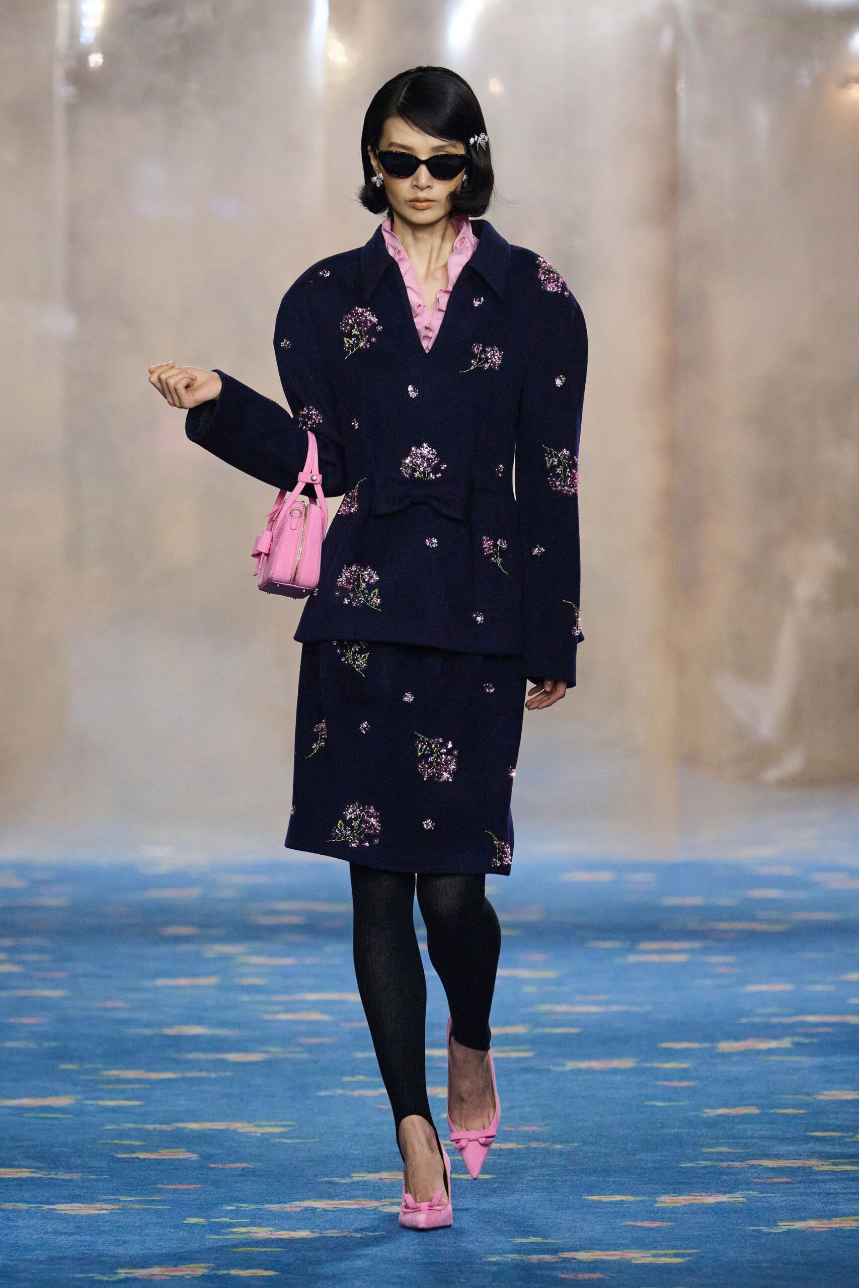 navy blazer pink skirt outfit