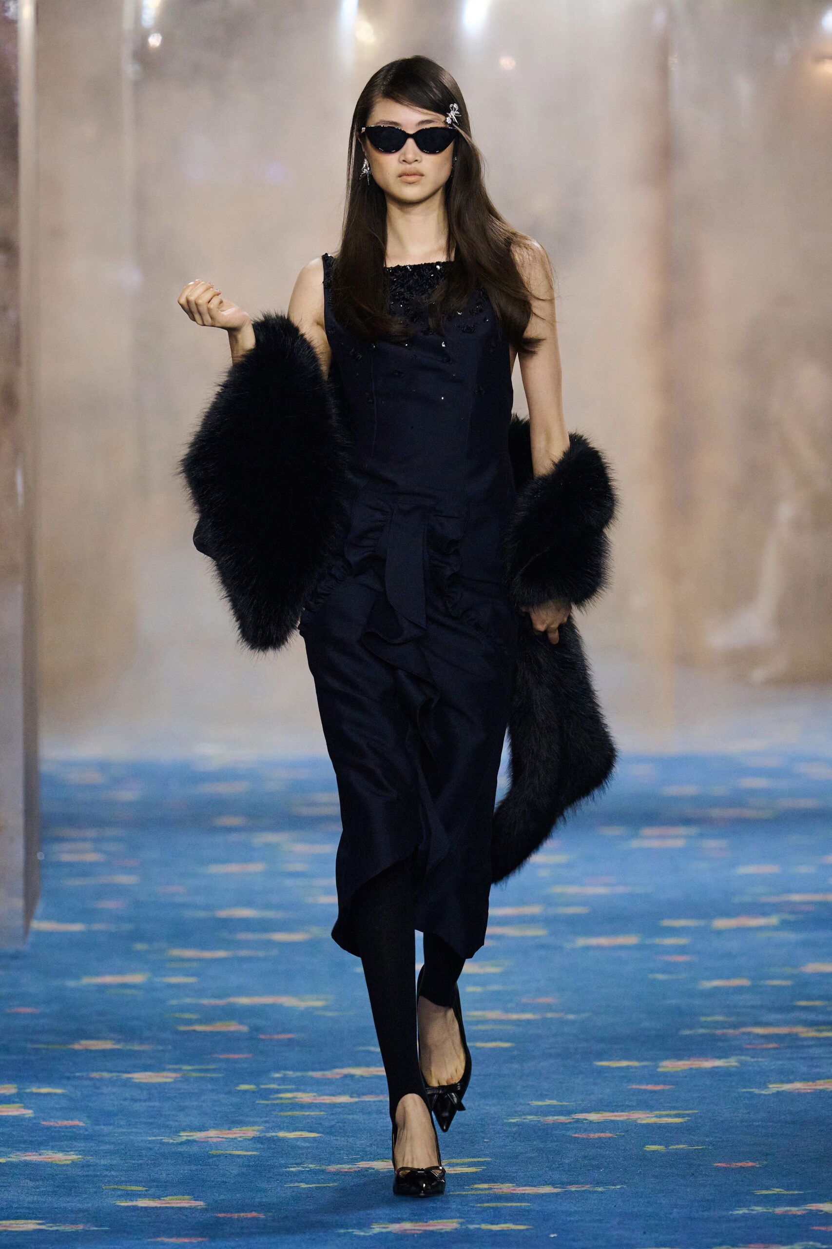 navy silk fitted dress with fur cape