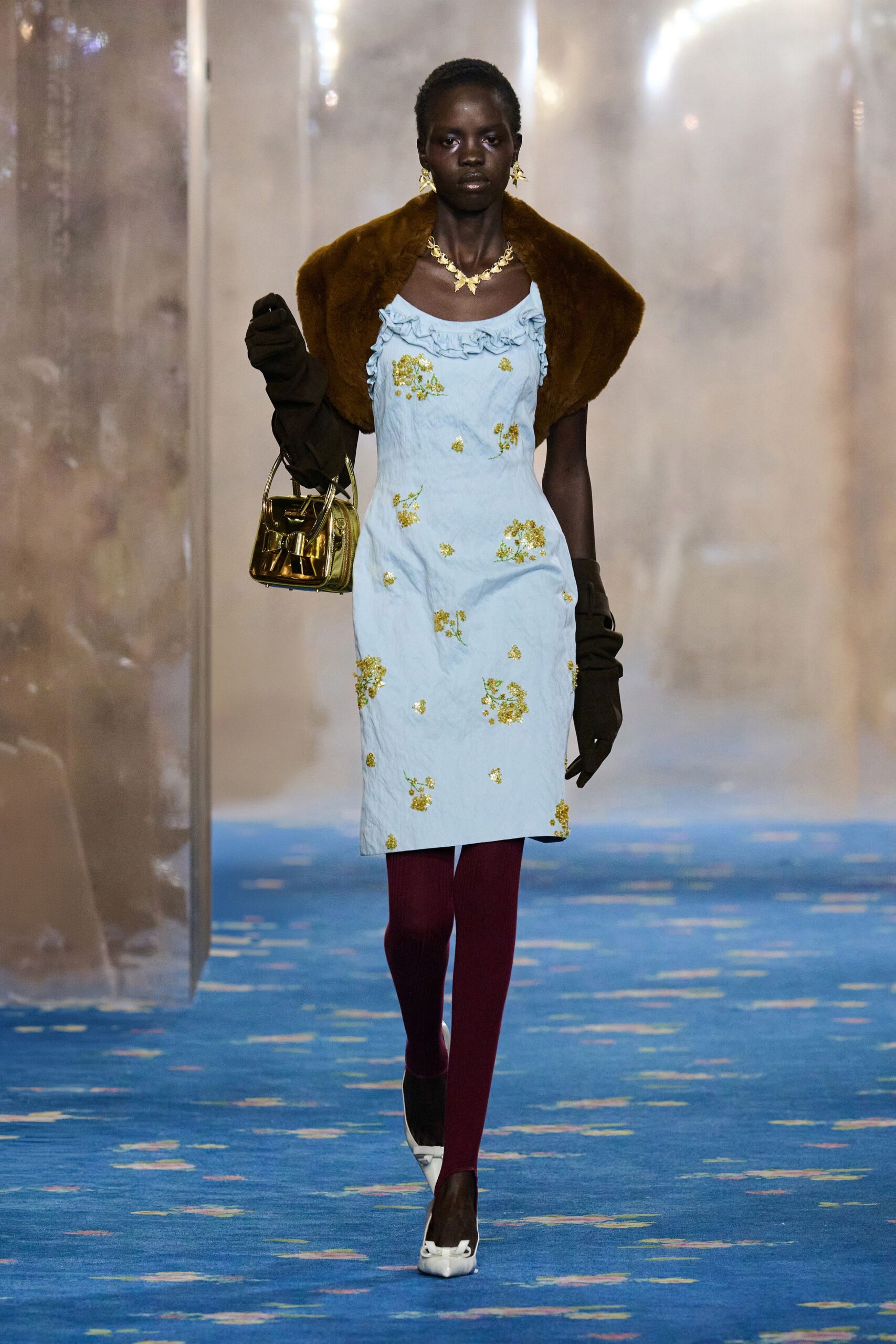 blue floral mini dress with fur coat