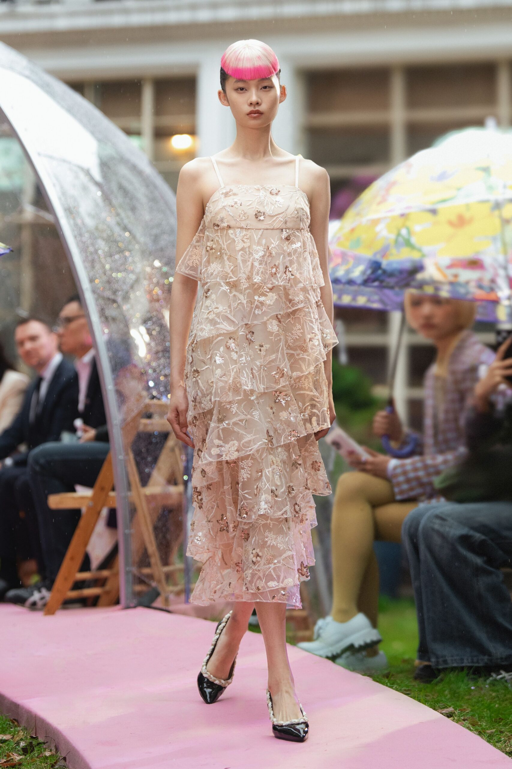 pink silk sleeveless v-neck fitted tiered embroidered dress