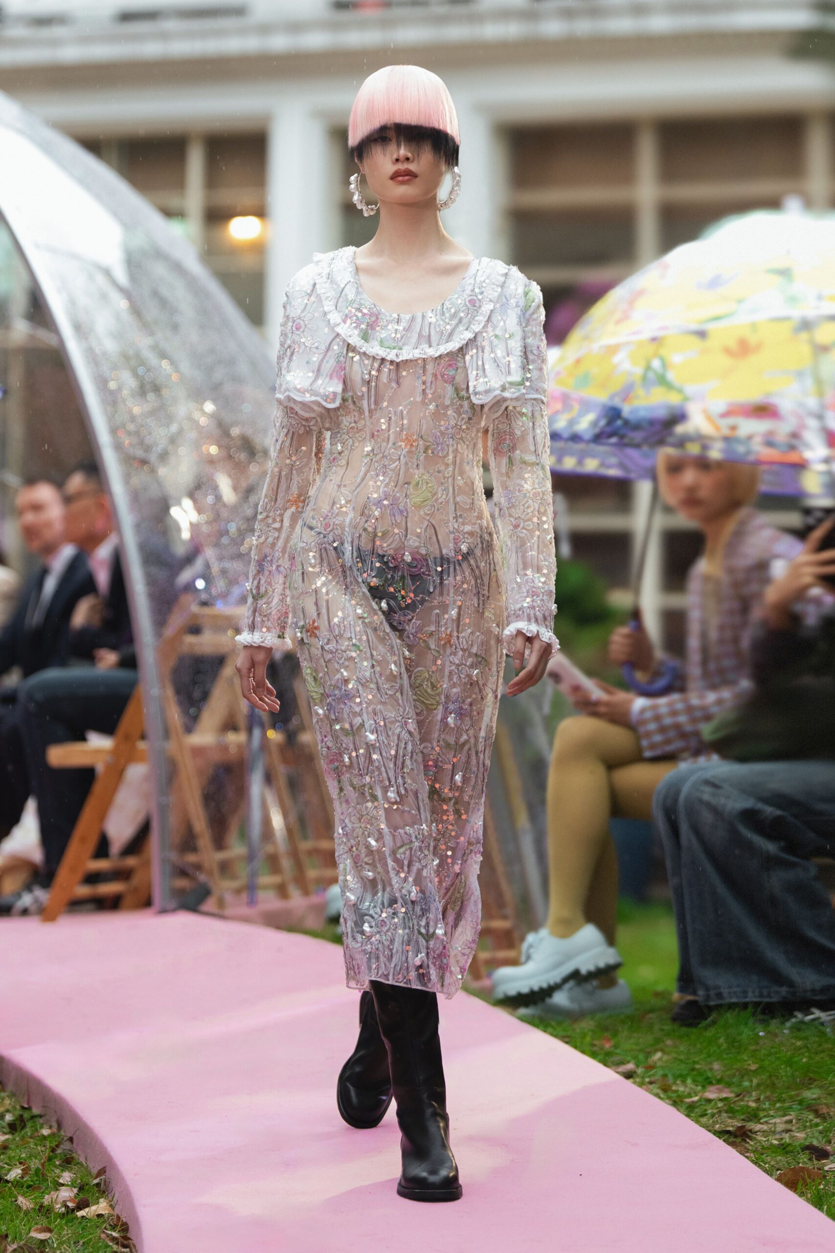 clear mesh long-sleeve v-neck fitted sequined embroidered dress