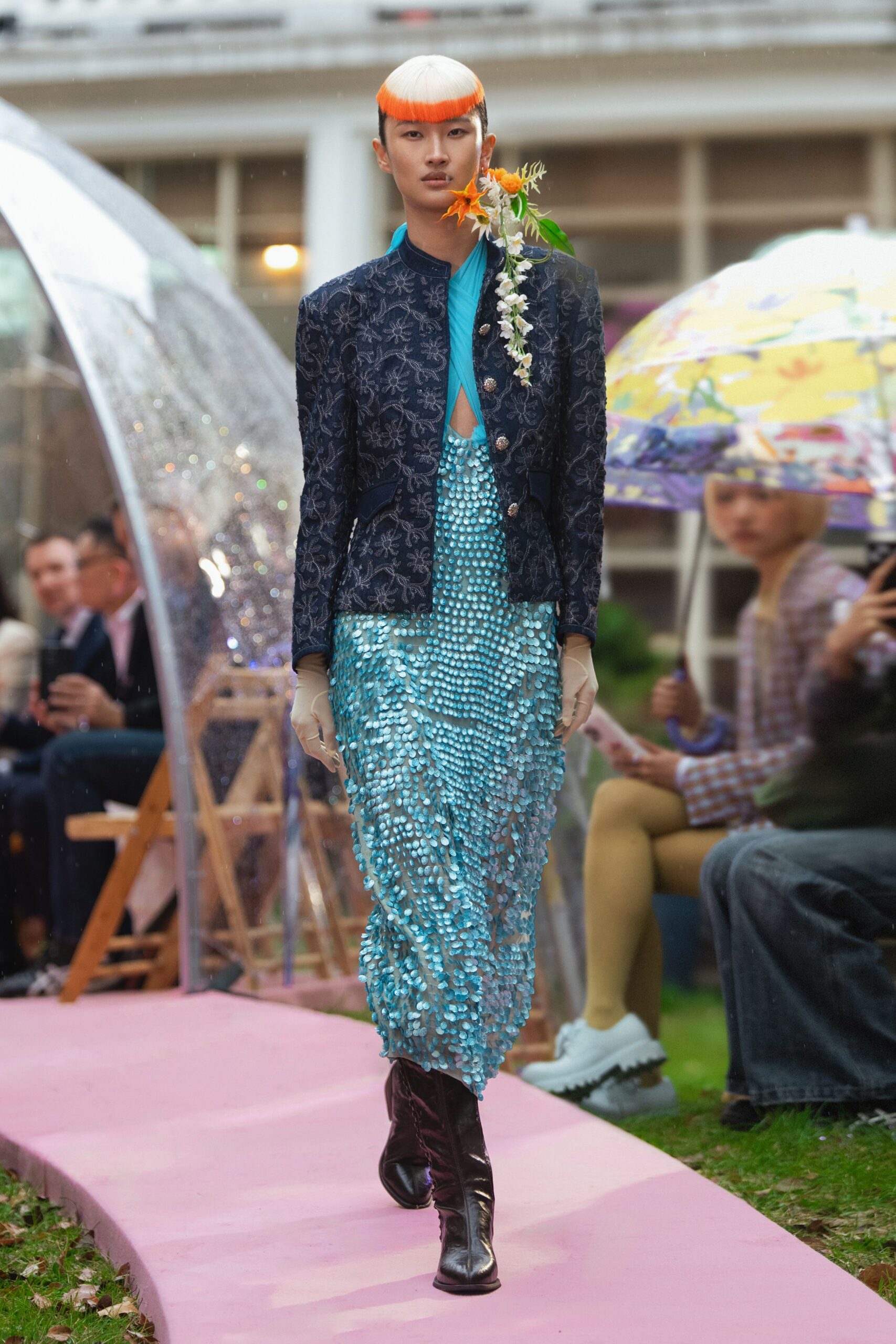 blue silk long-sleeve collared structured embroidered jacket