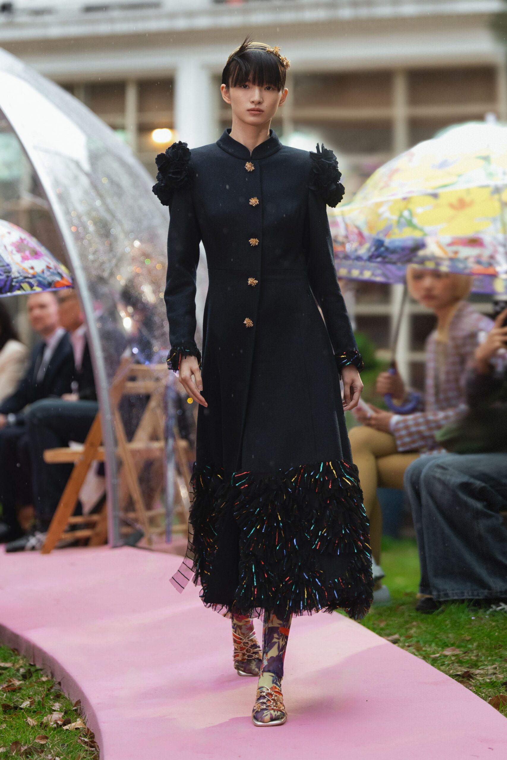 black wool long-sleeve collared fitted ruffled buttoned dress