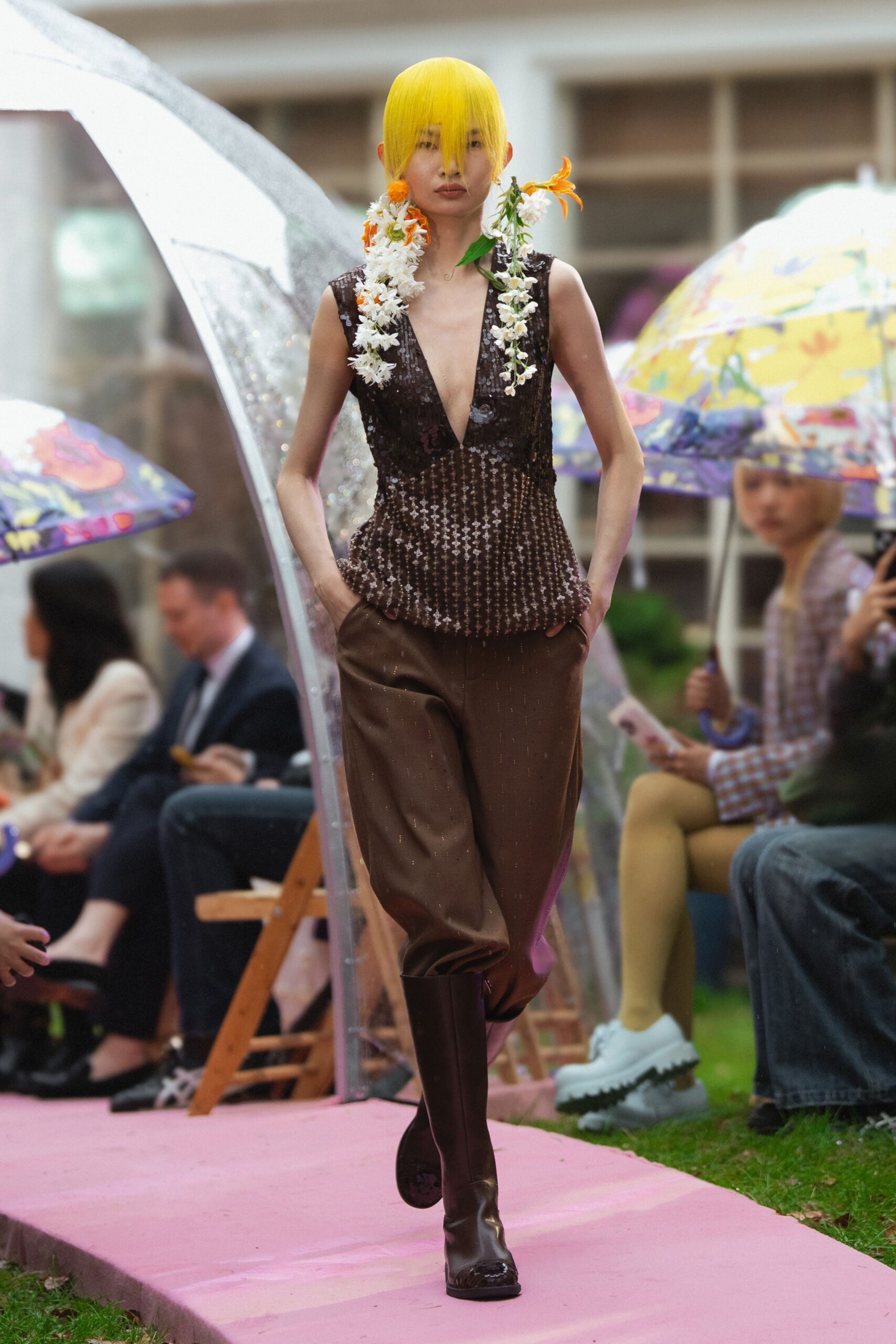 brown silk sleeveless v-neck fitted pleated jumpsuit