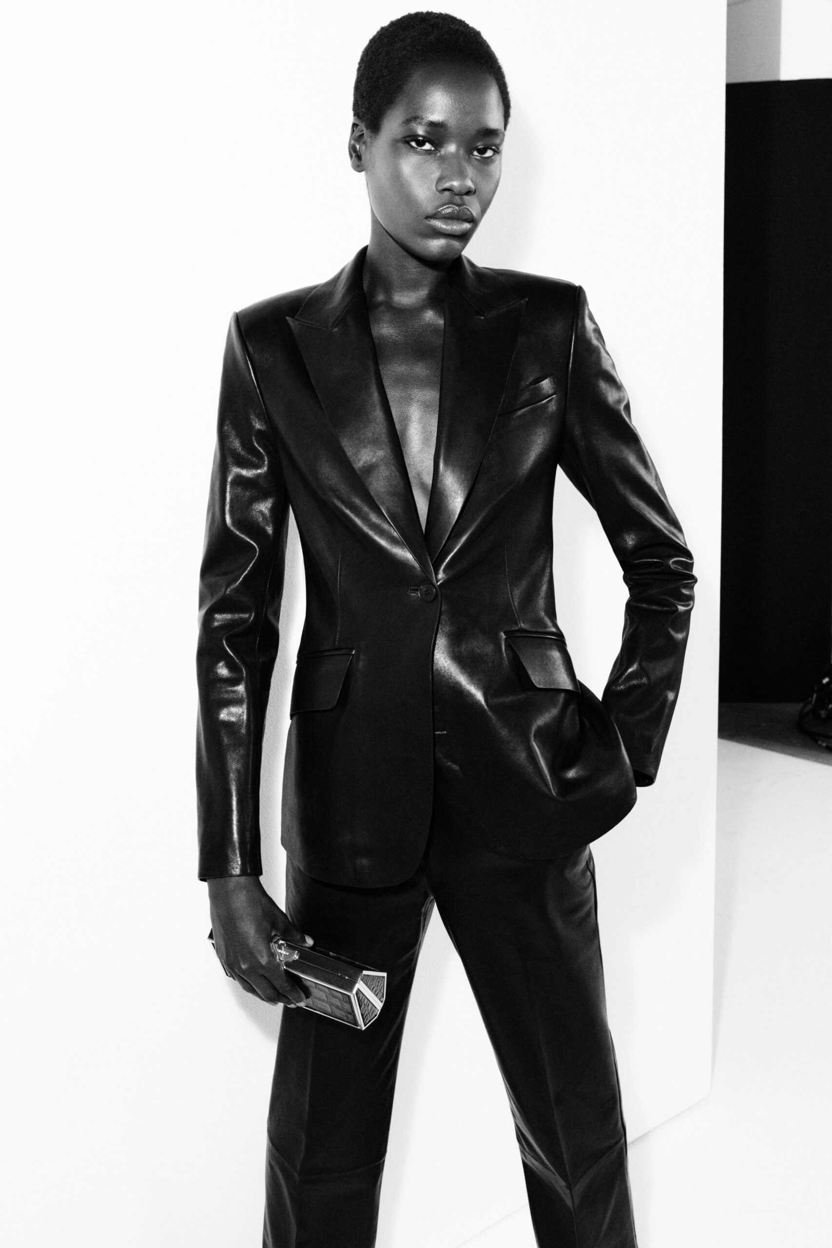 black leather long-sleeve collared tailored suit