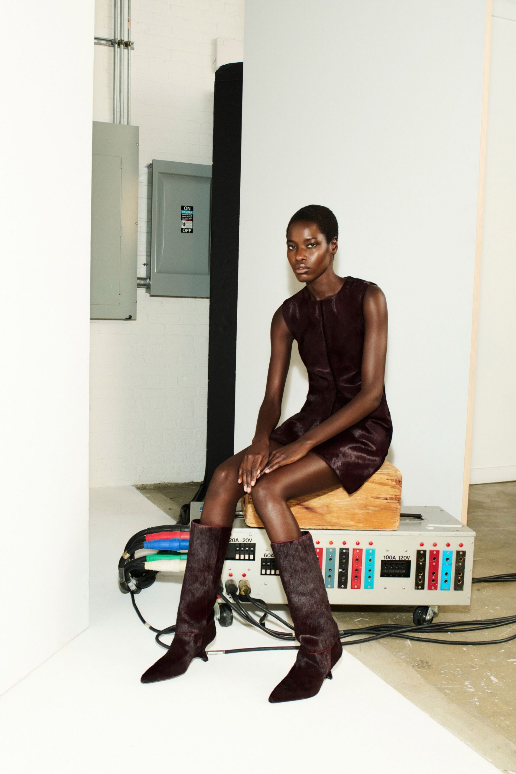 brown suede sleeveless high-neck fitted straight-leg mini dress