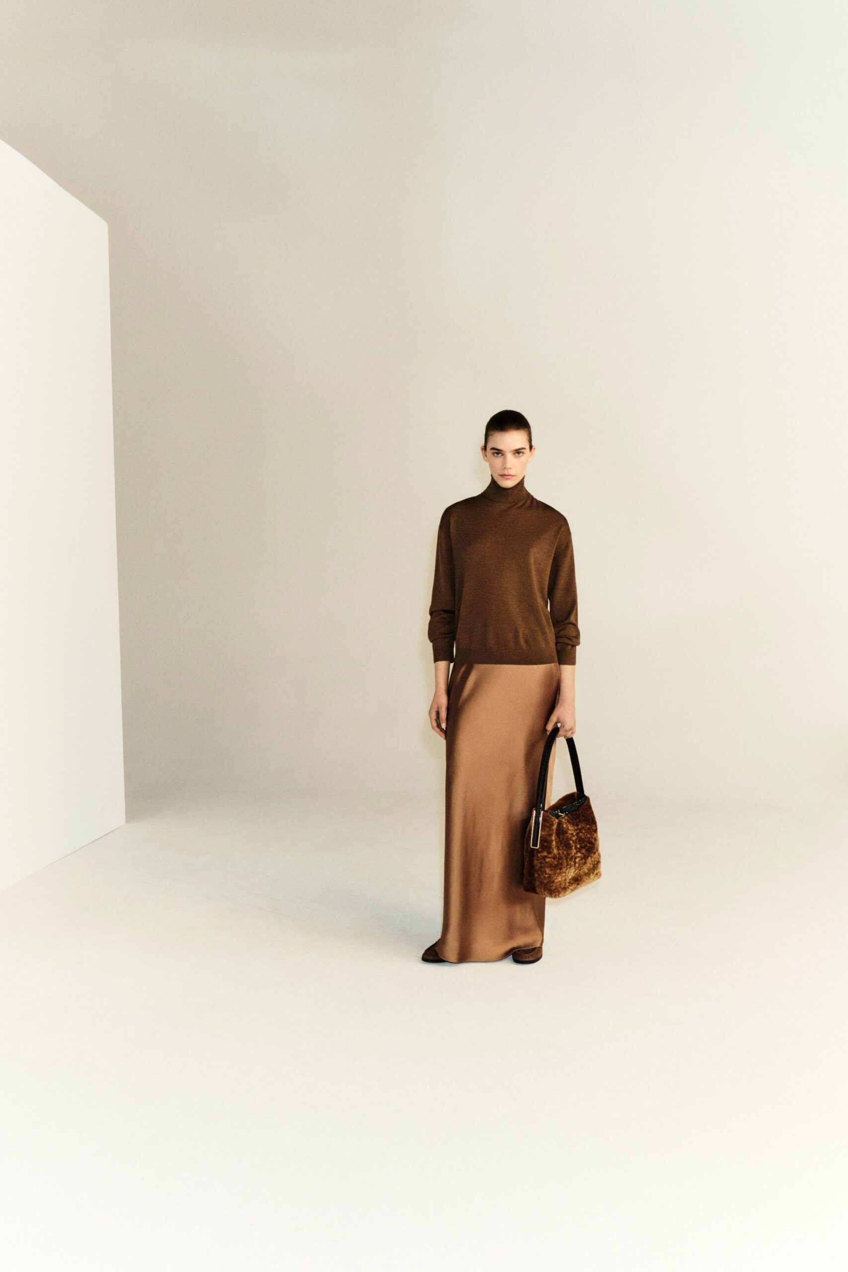 beige silk fitted straight-leg maxi skirt