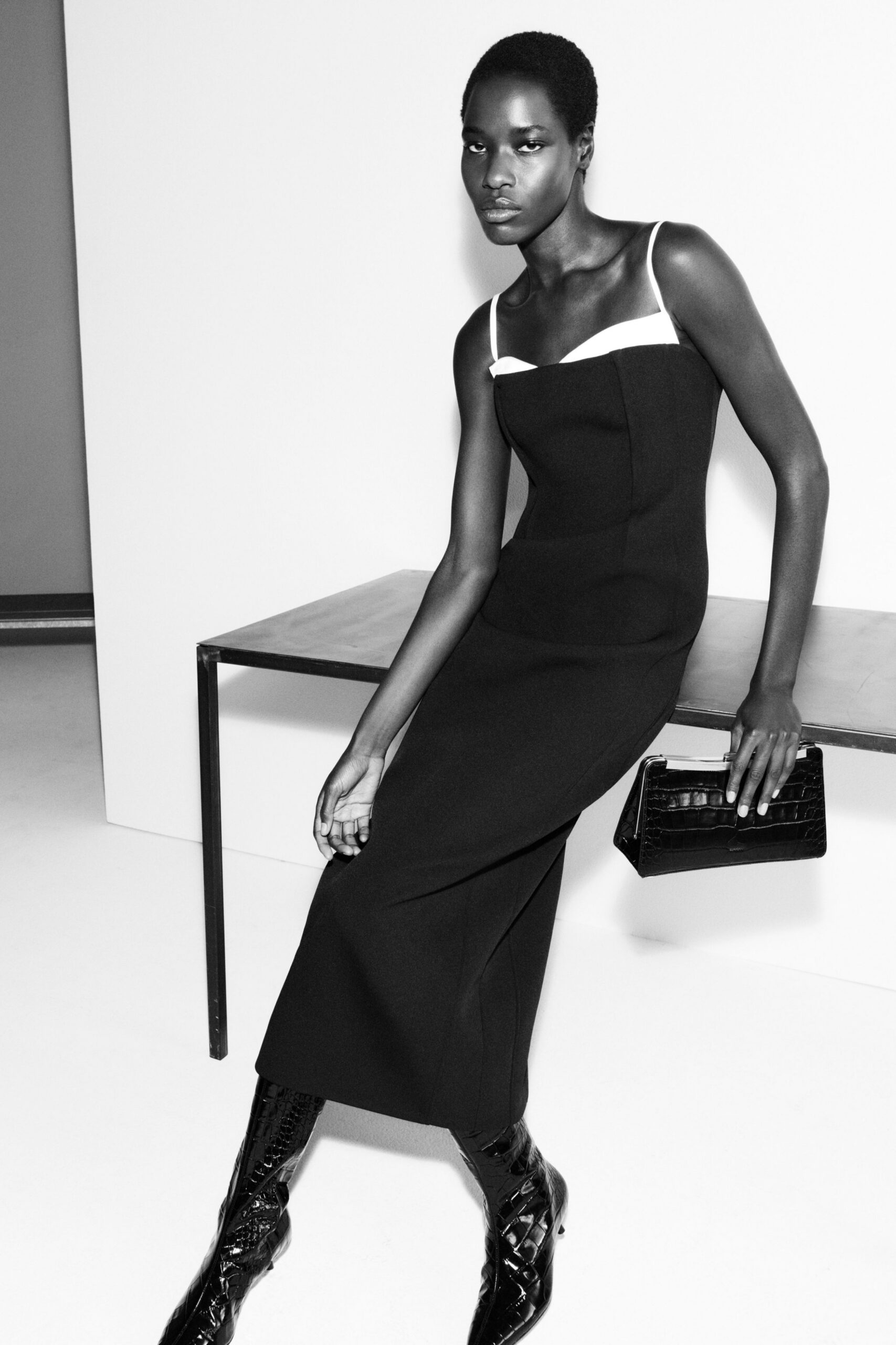 black and white fitted midi dress