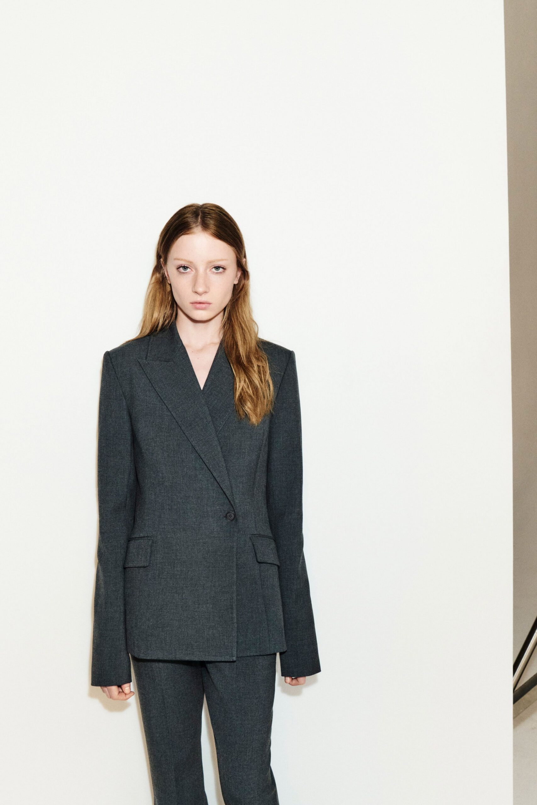 gray wool tailored straight-leg pants