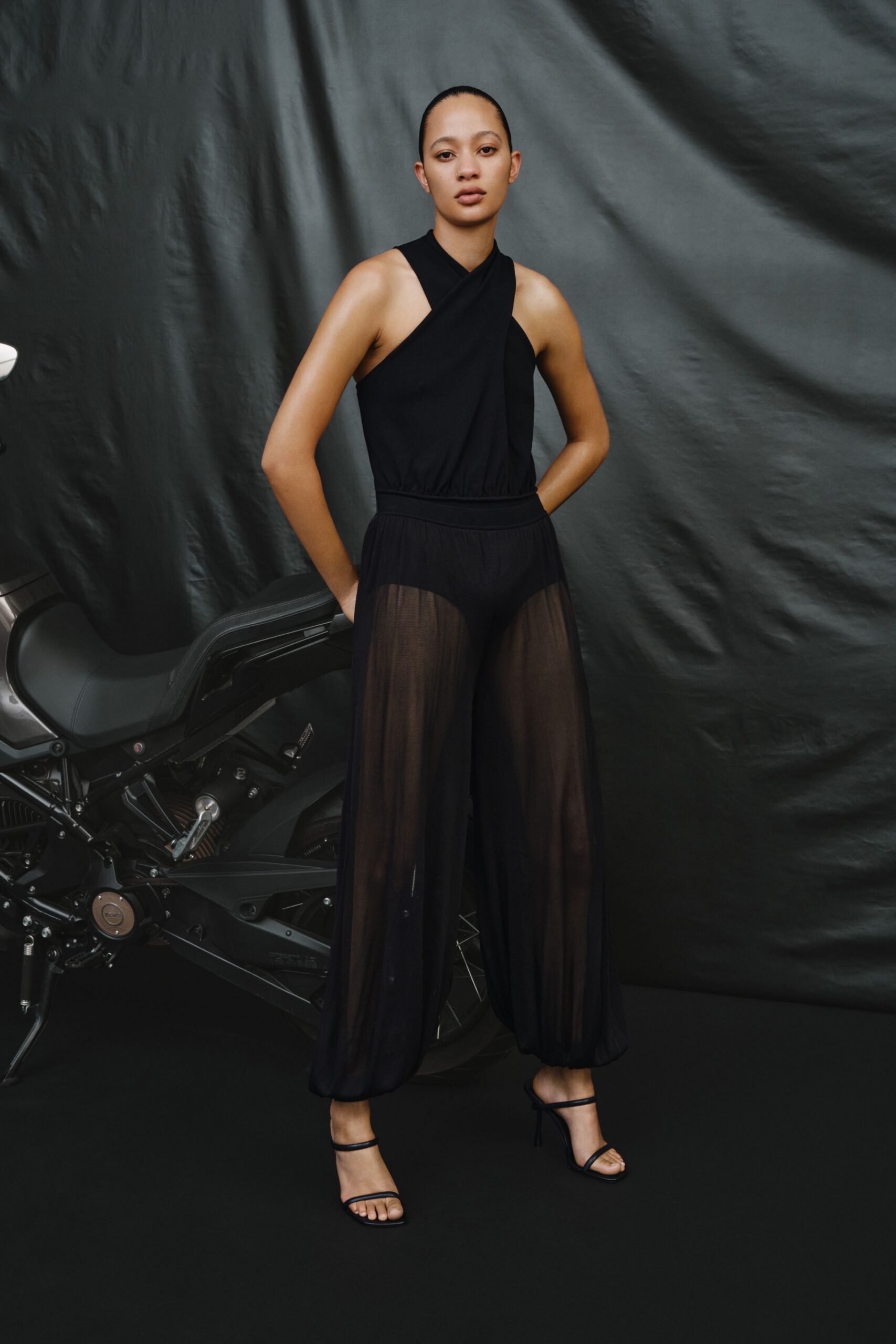 black silk sleeveless halter fitted draped jumpsuit