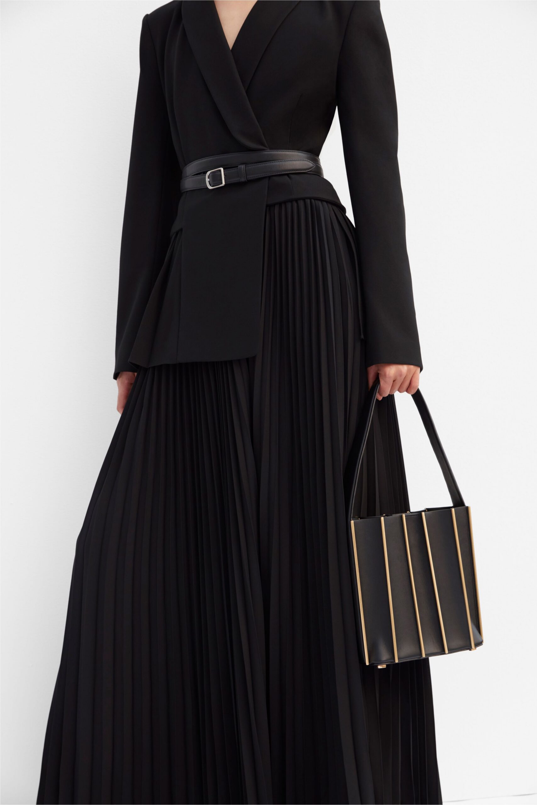 black fitted pleated maxi skirt