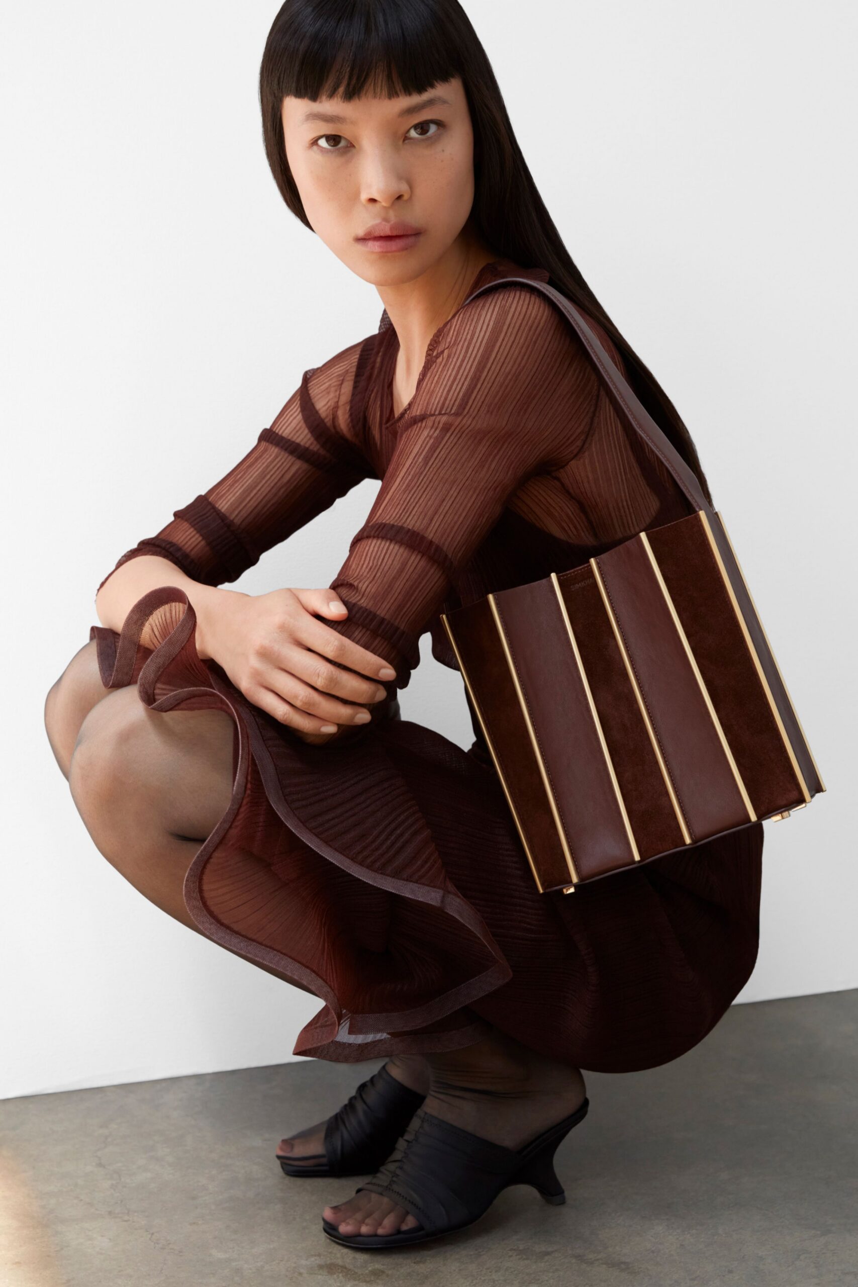 brown silk long-sleeve v-neck fitted pleated sheer dress