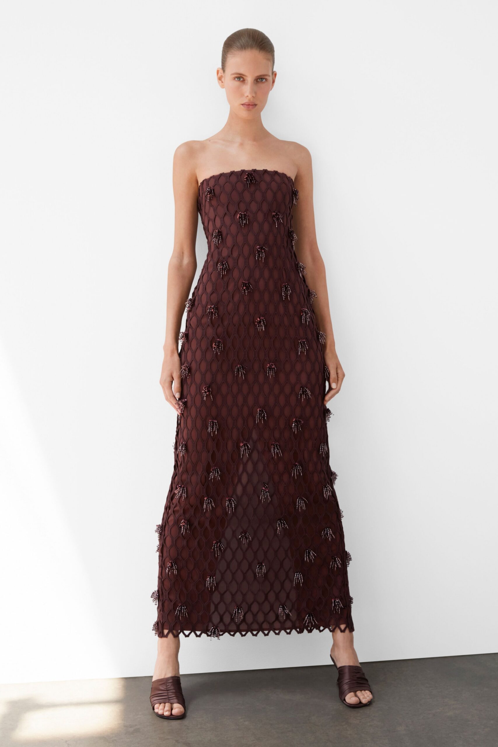 brown silk strapless fitted embroidered layered maxi gown