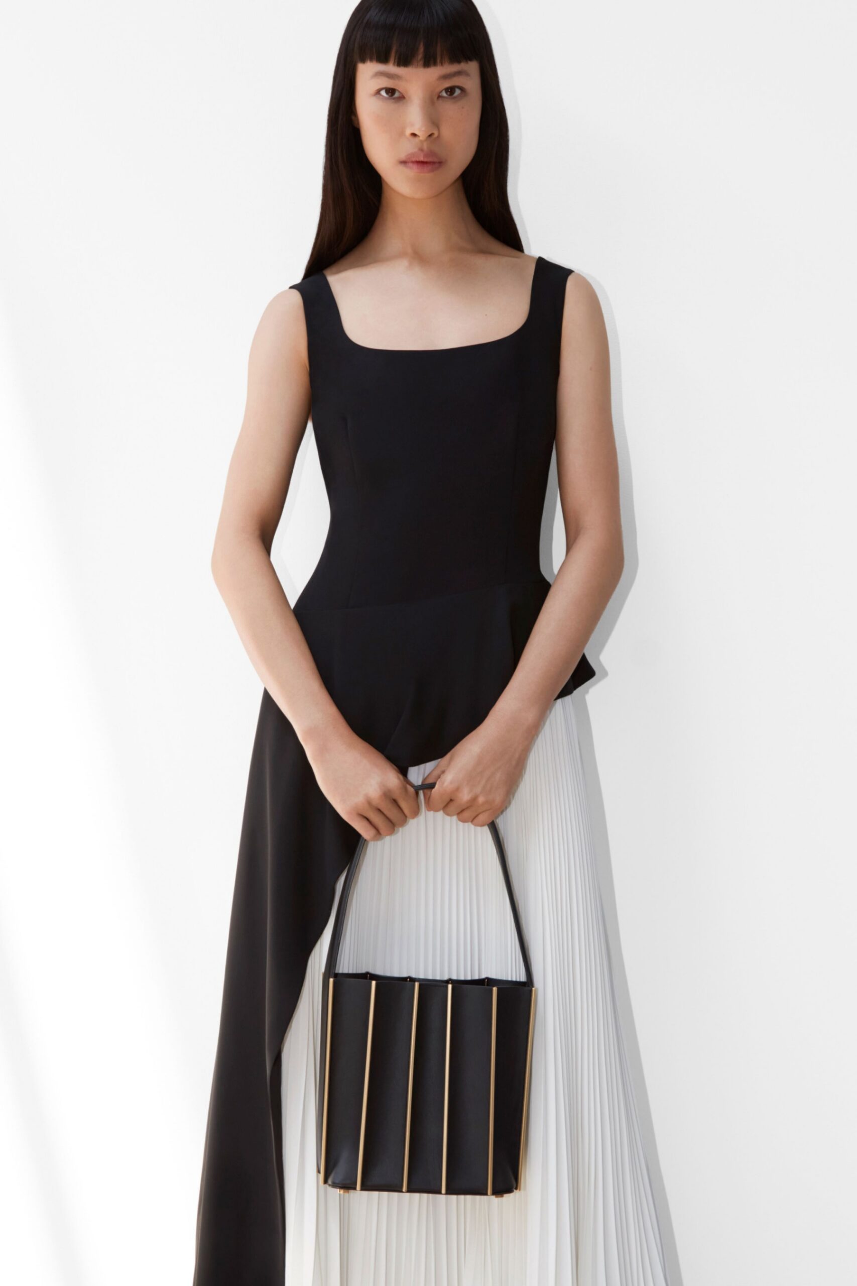 black cotton sleeveless square-neck fitted pleated midi dress