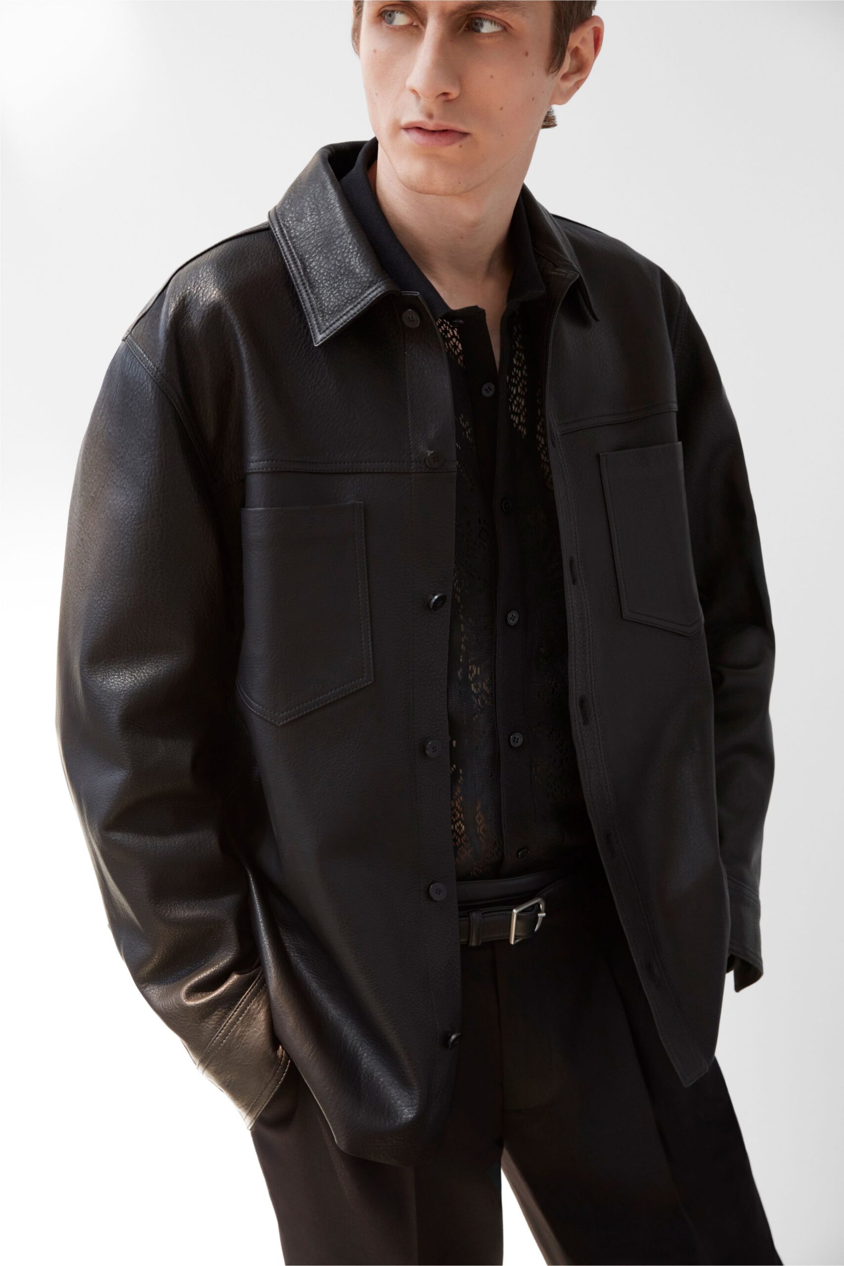 black silk long-sleeve collared fitted shirt