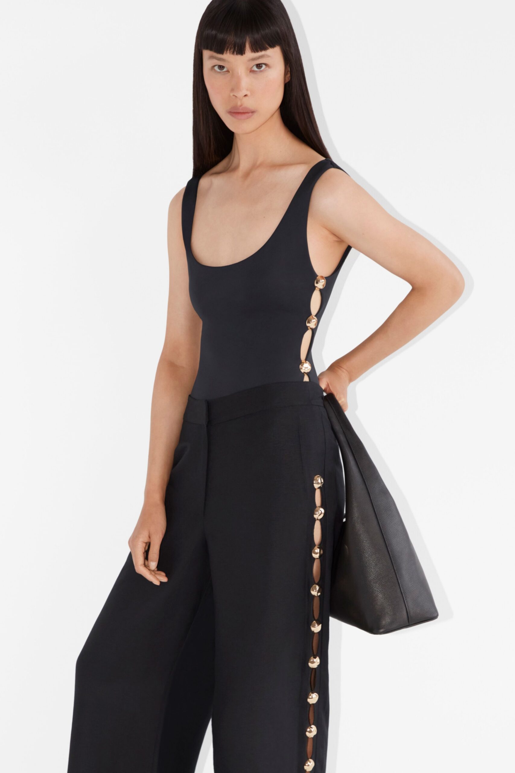 black cotton relaxed wide-leg buttoned pants