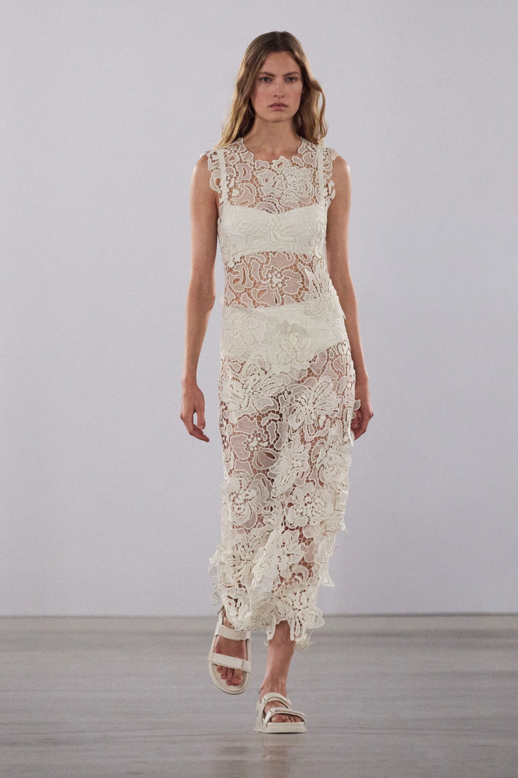 white lace sleeveless high-neck fitted embroidered tiered dress