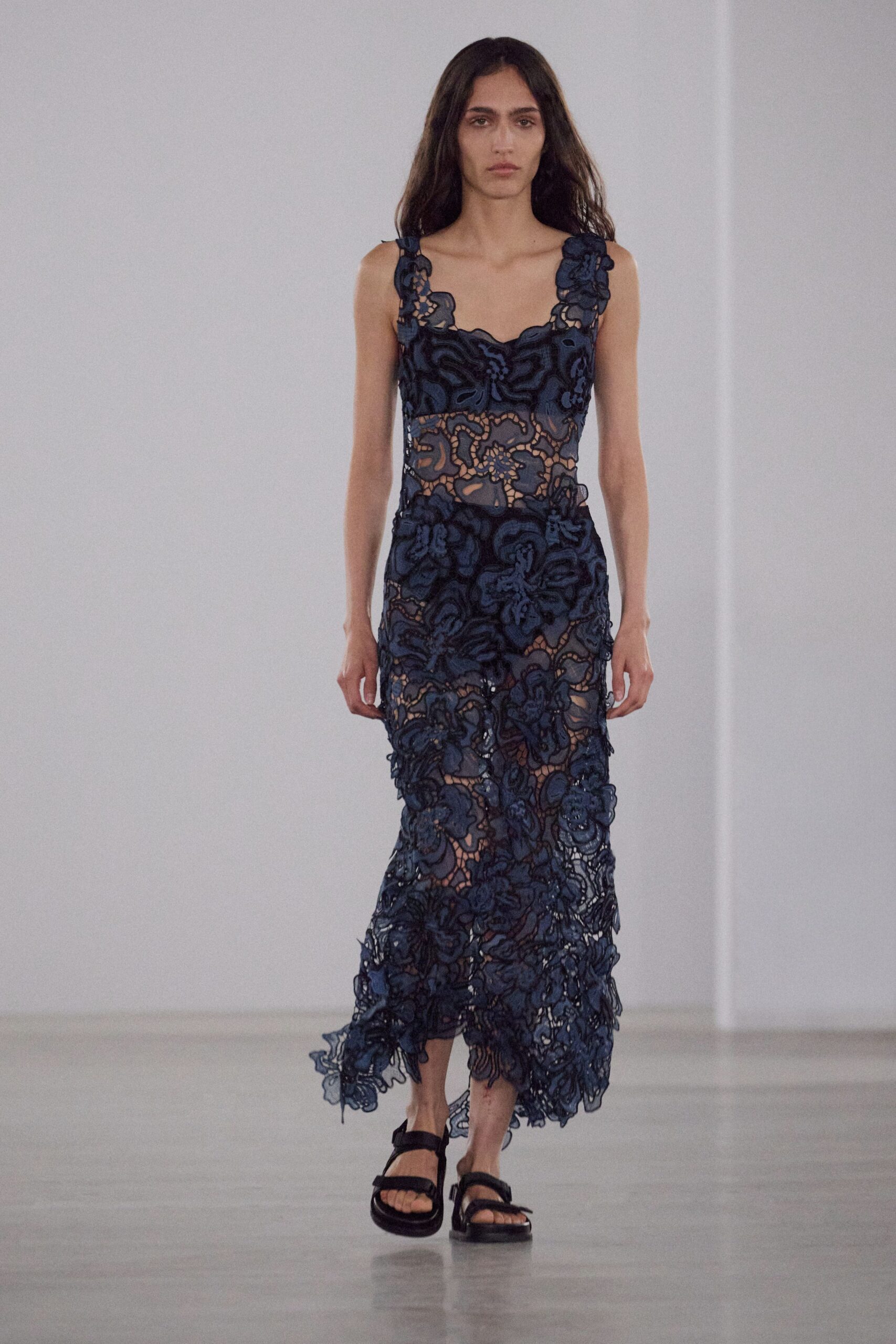 blue lace sleeveless v-neck fitted embroidered tiered dress