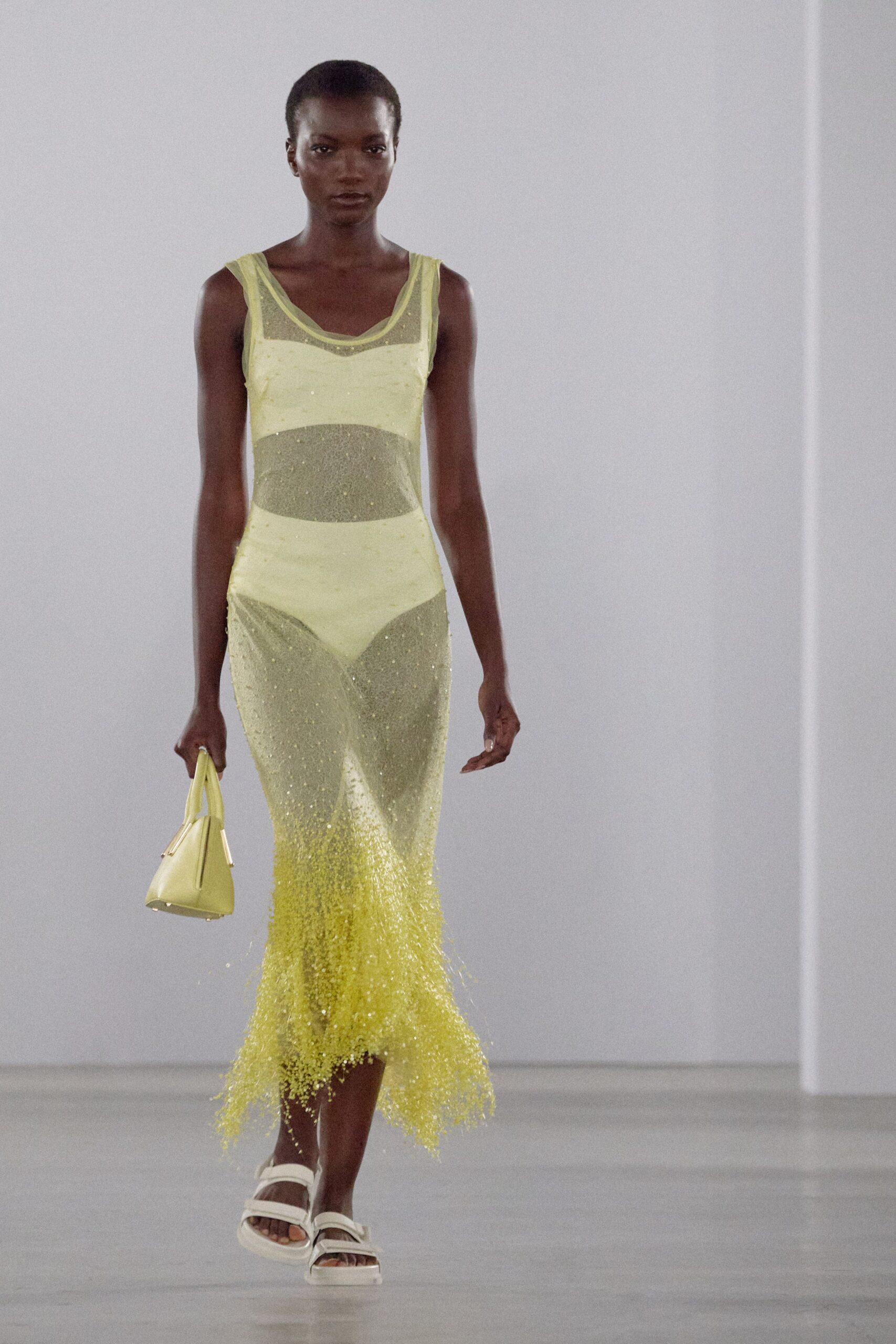 yellow mesh sleeveless v-neck fitted pleated layered dress