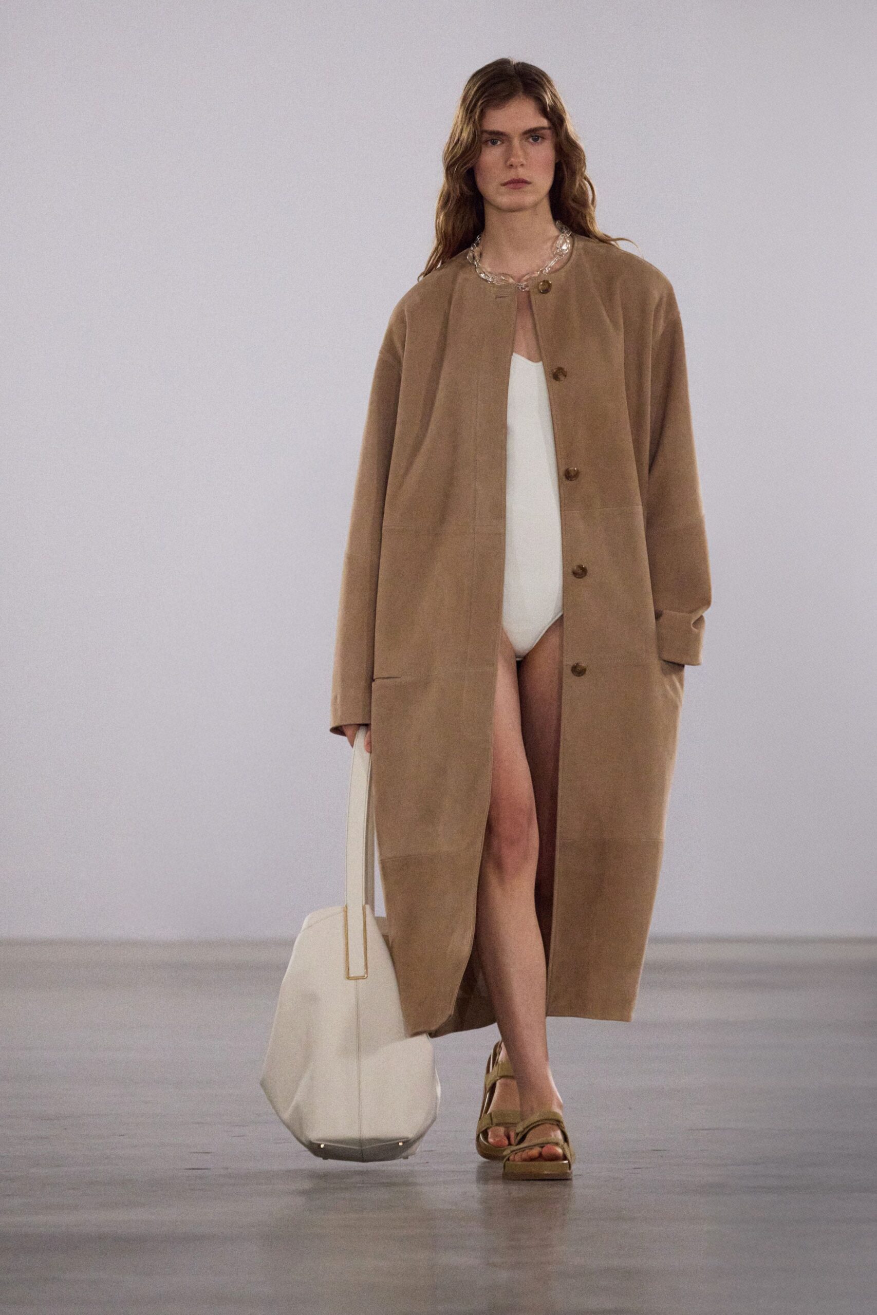beige suede long-sleeve collared relaxed buttoned maxi coat