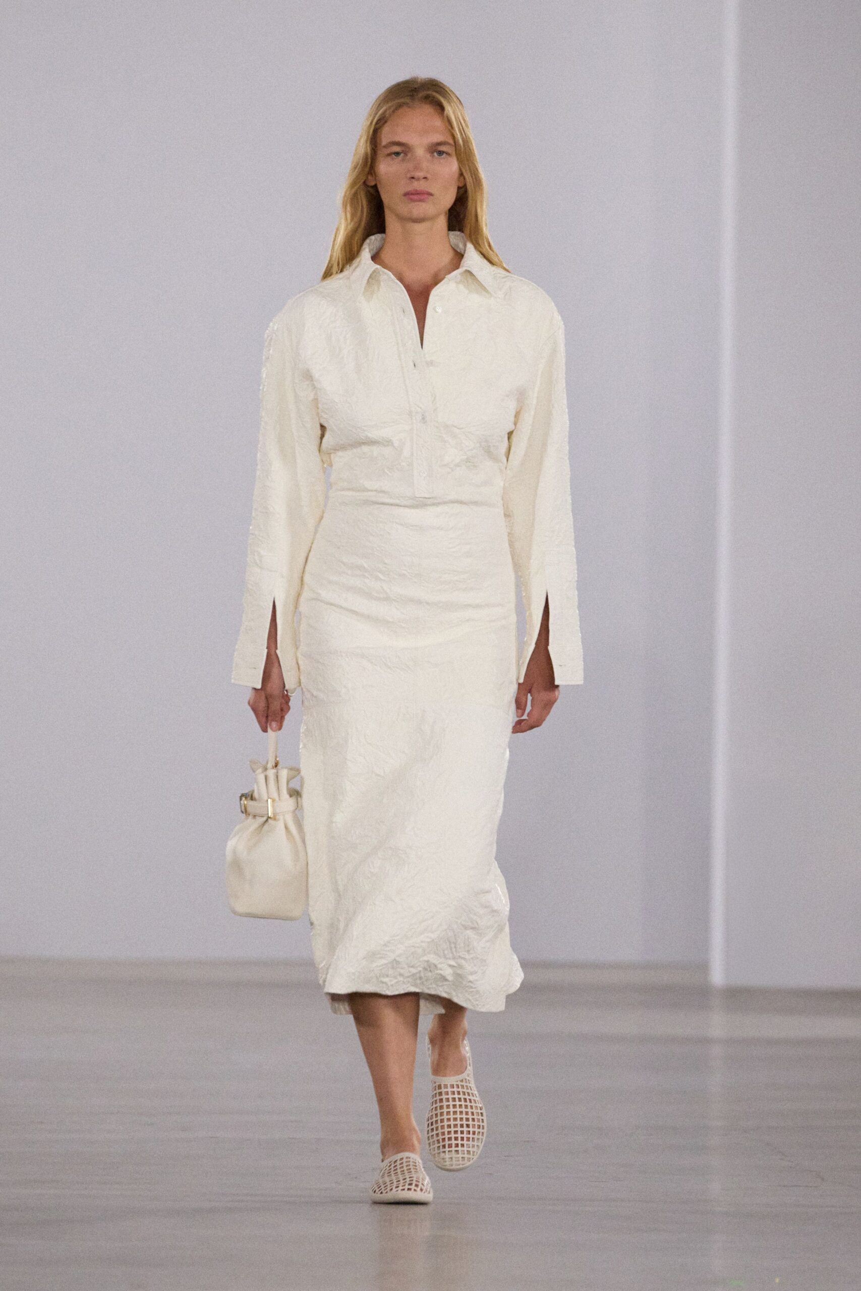 white cotton long-sleeve collared fitted pleated midi shirt-dress