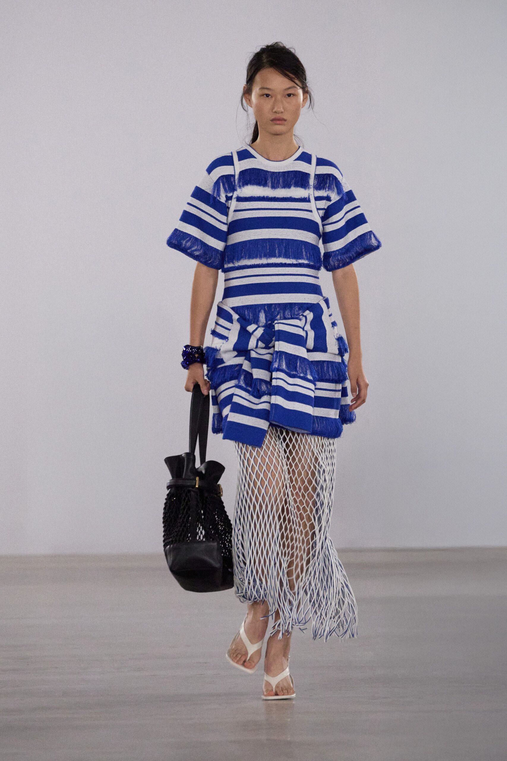 blue cotton short-sleeve high-neck fitted striped fringed dress
