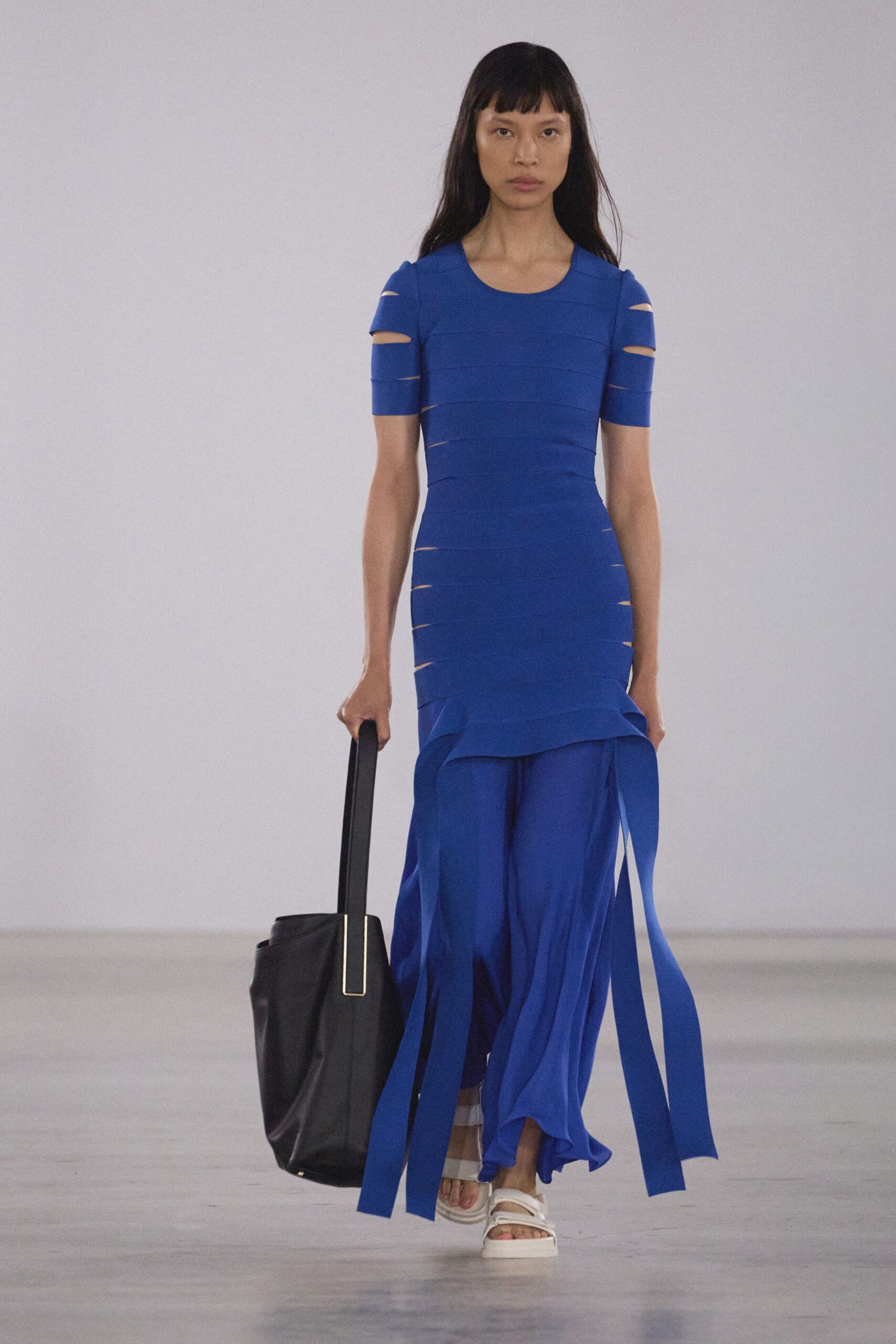 blue cotton short-sleeve scoop-neck fitted layered midi dress