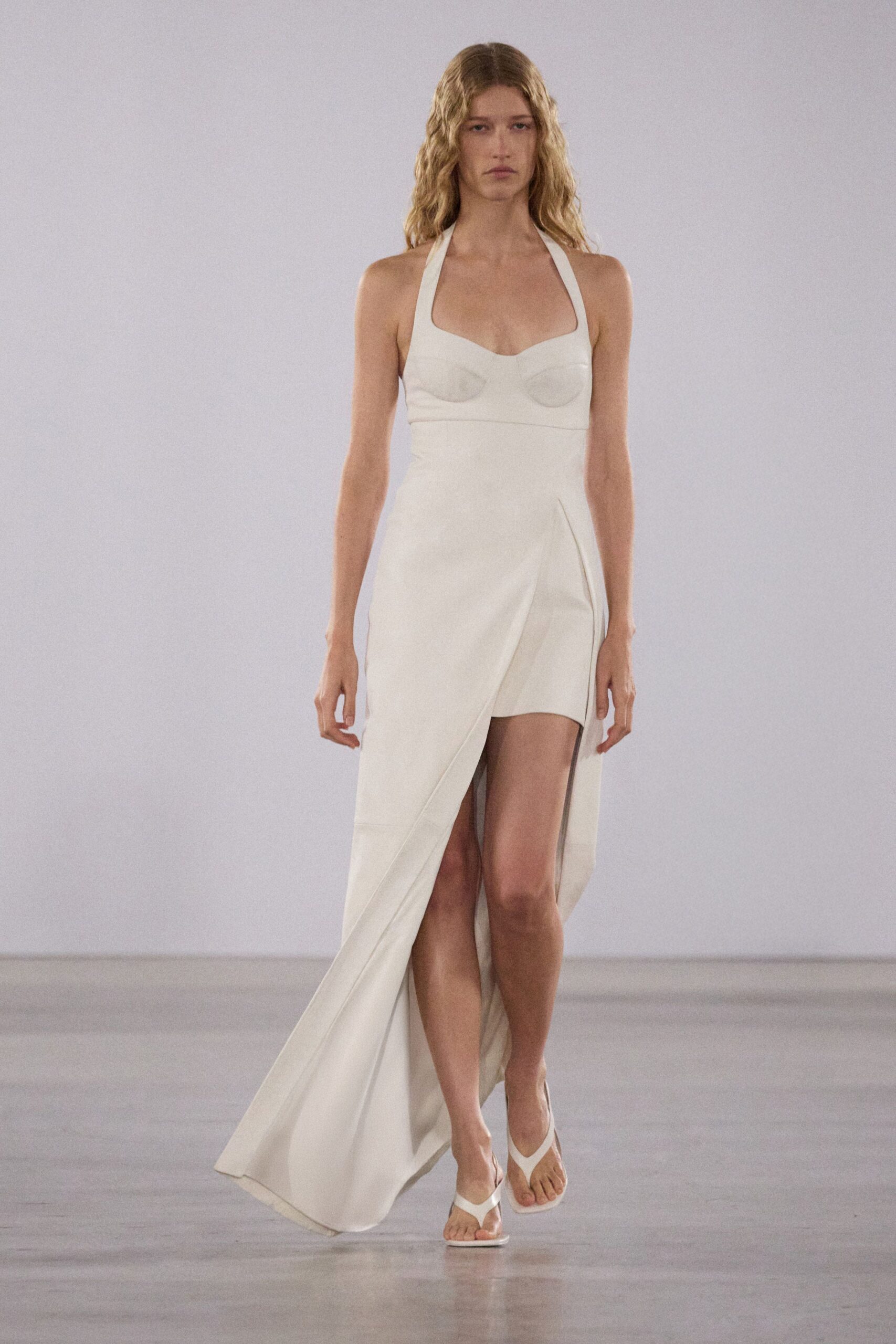 white cotton sleeveless halter fitted draped maxi dress