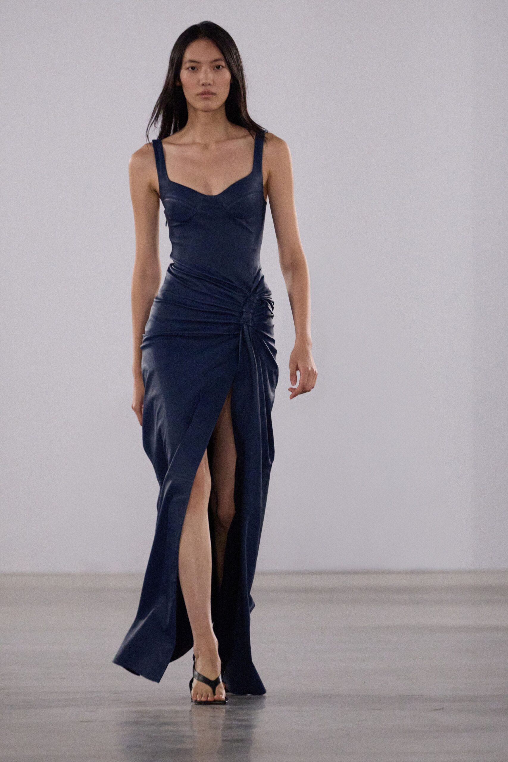 blue silk sleeveless v-neck fitted ruched maxi gown