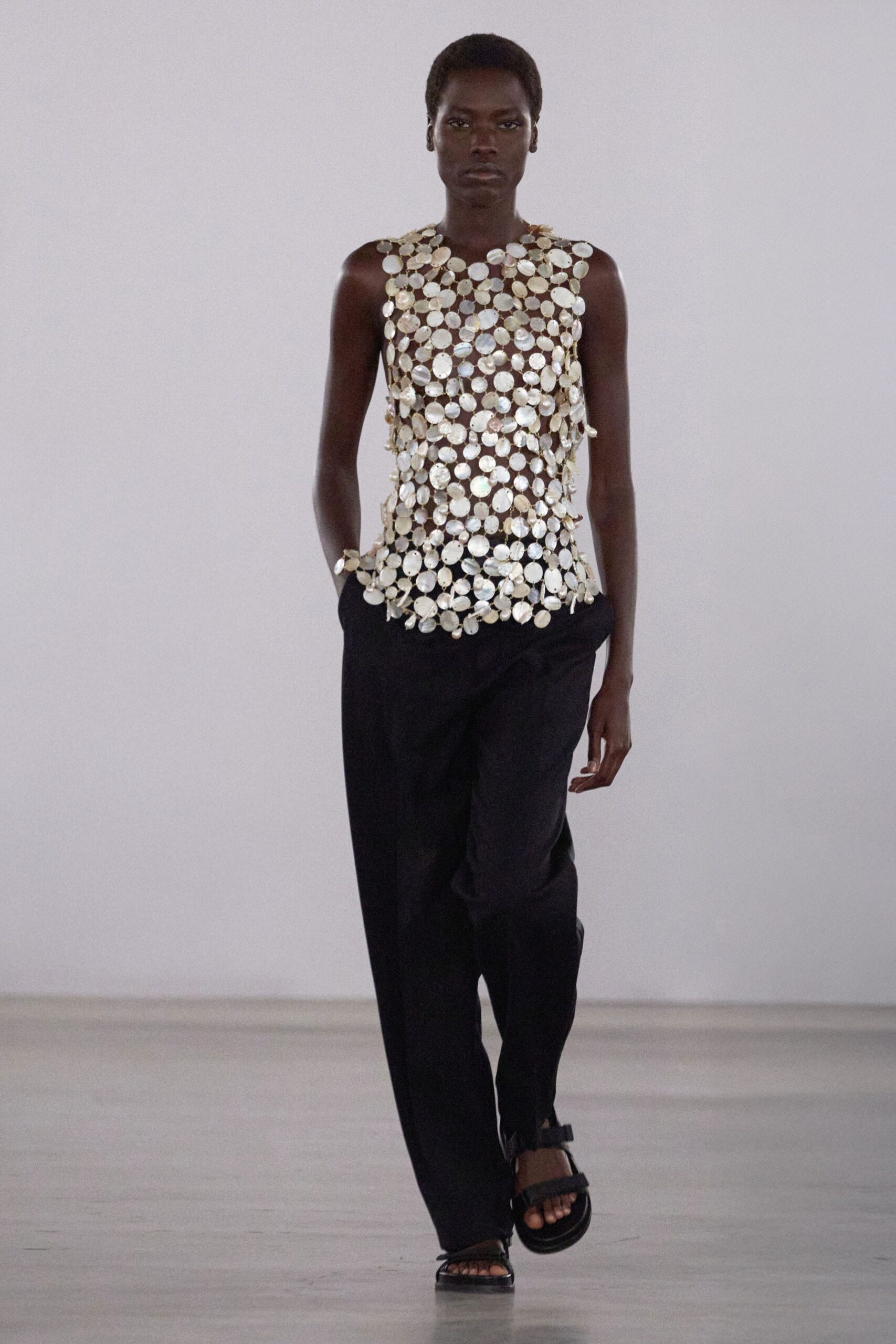 gold silk sleeveless fitted beaded top