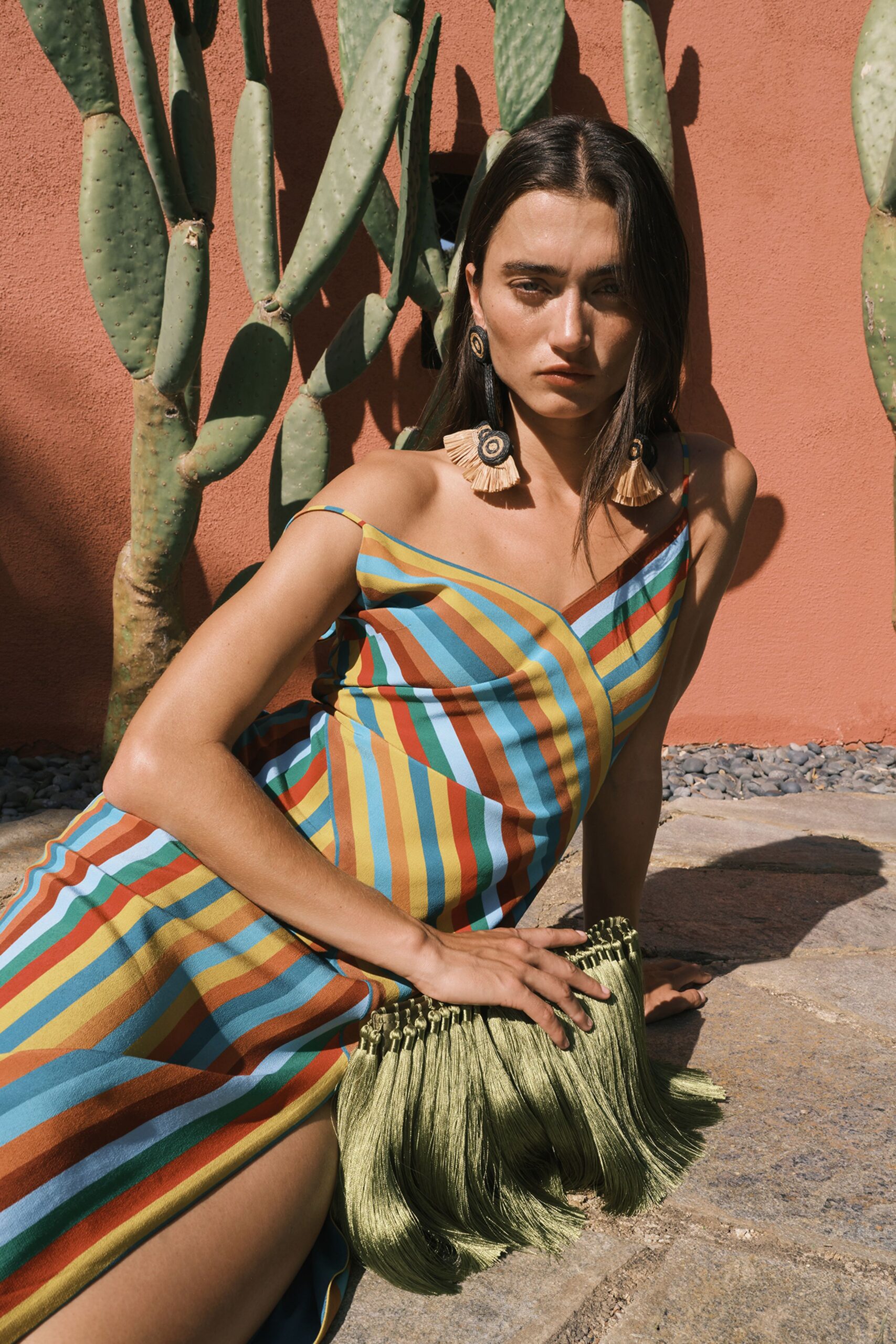 multi cotton sleeveless v-neck fitted striped midi dress
