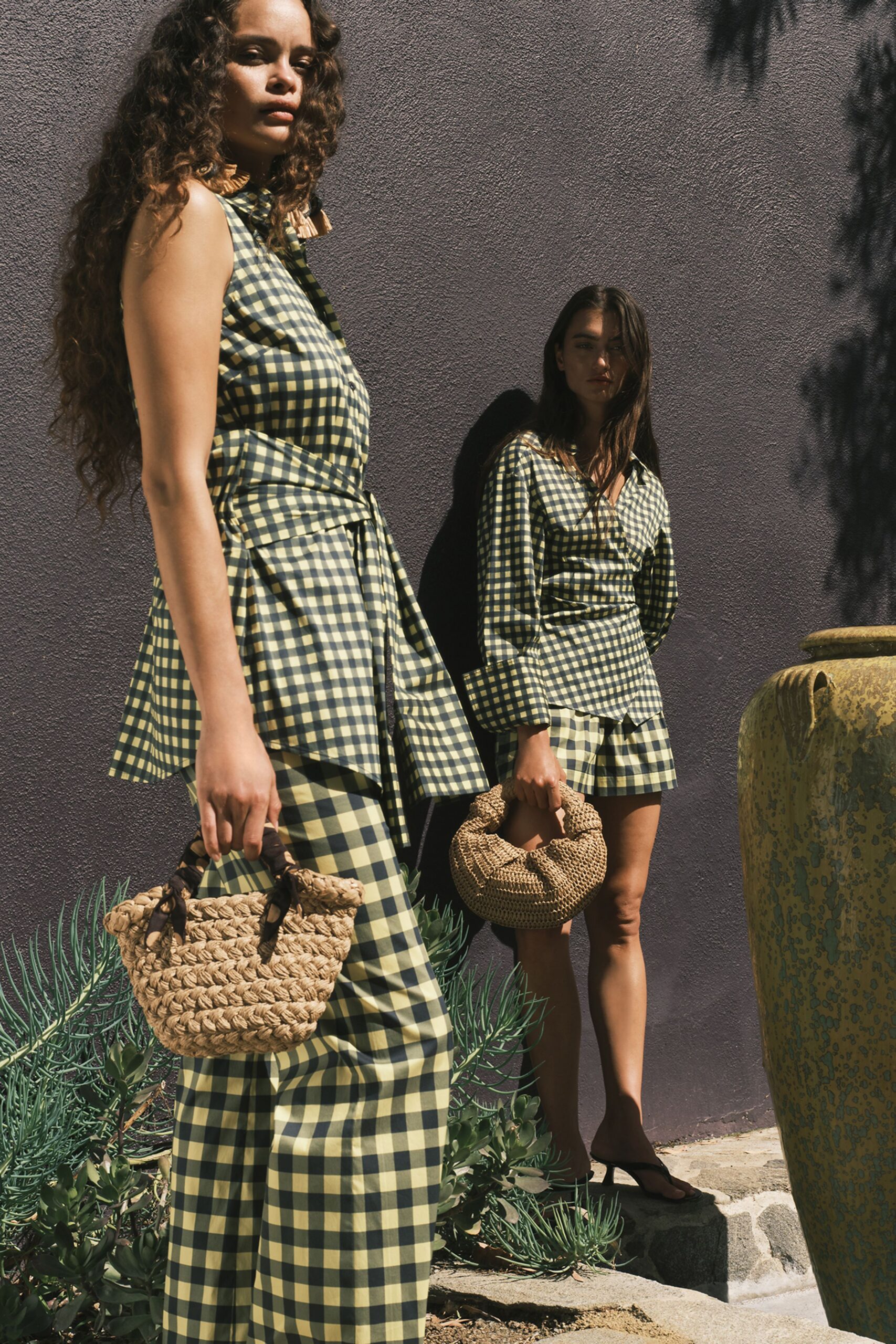 green cotton fitted checked straight-leg pants