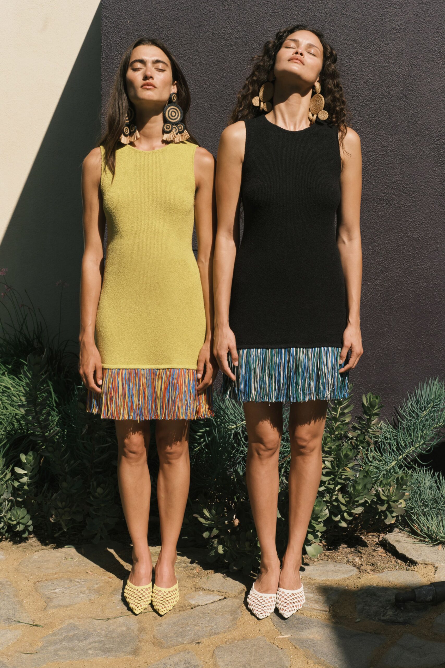 black cotton sleeveless high-neck fitted fringed mini dress