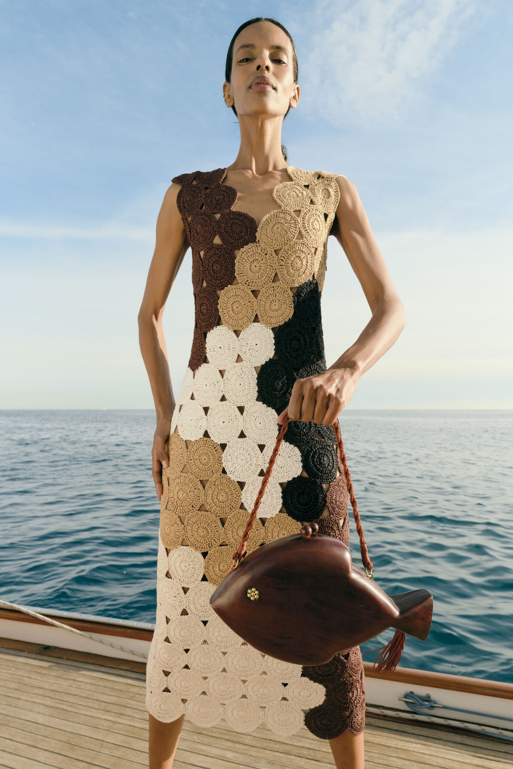 crochet color-blocked midi dress with wooden bag