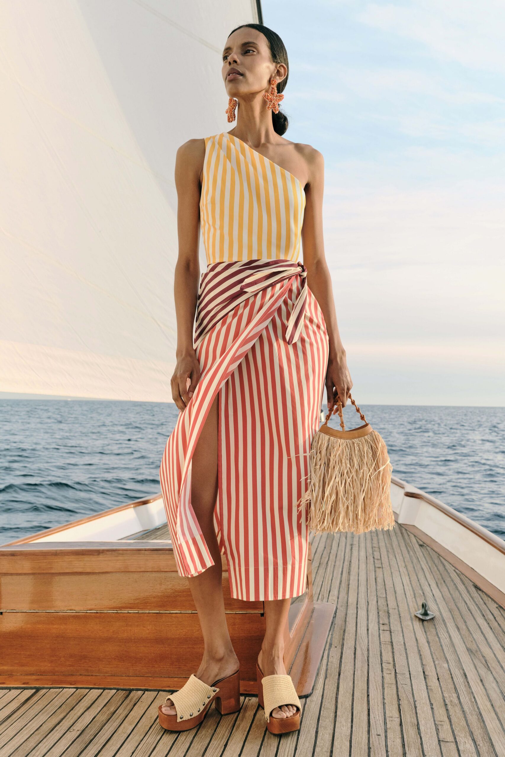 yellow sleeveless asymmetric fitted striped top