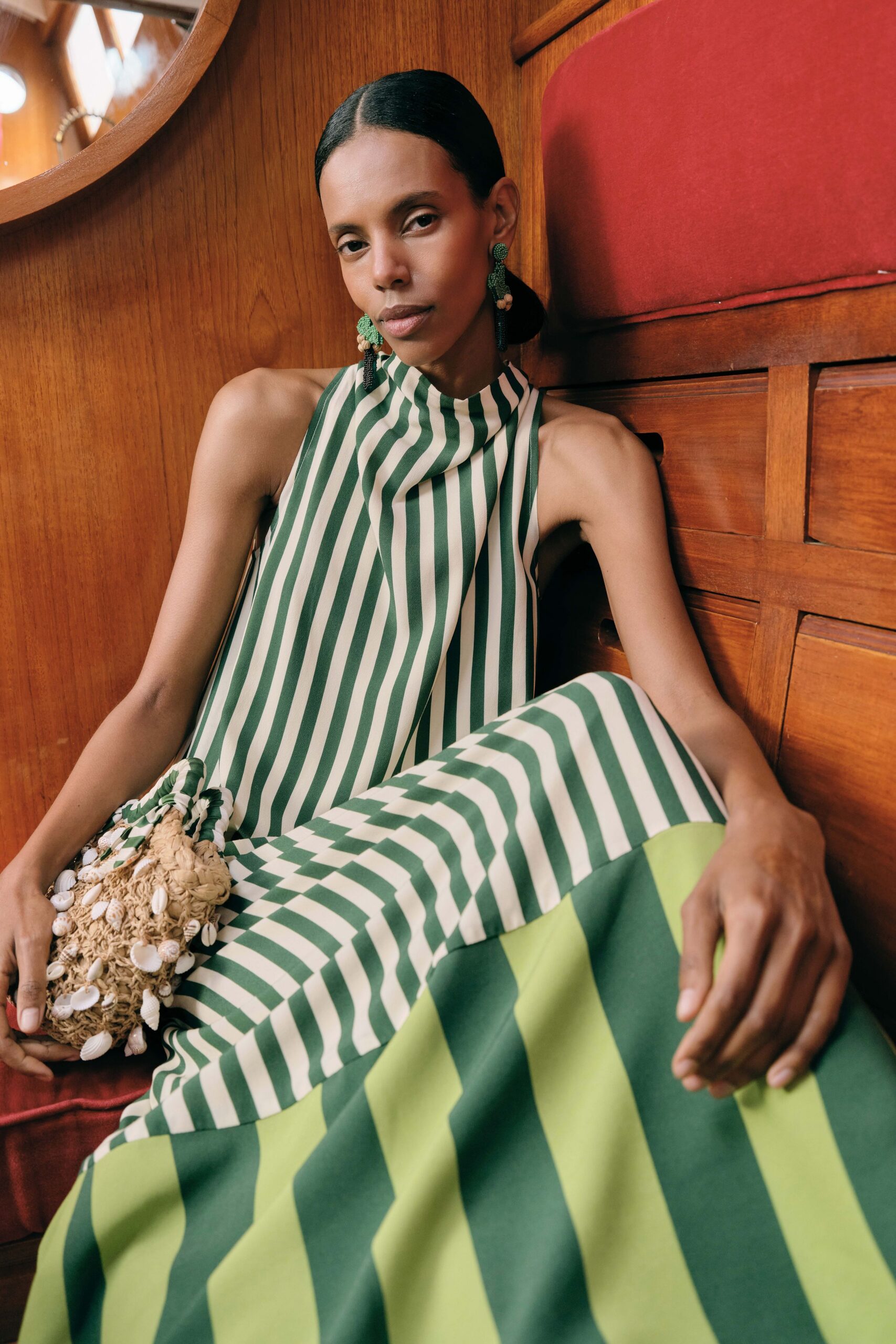 green cotton sleeveless high-neck fitted striped tiered dress