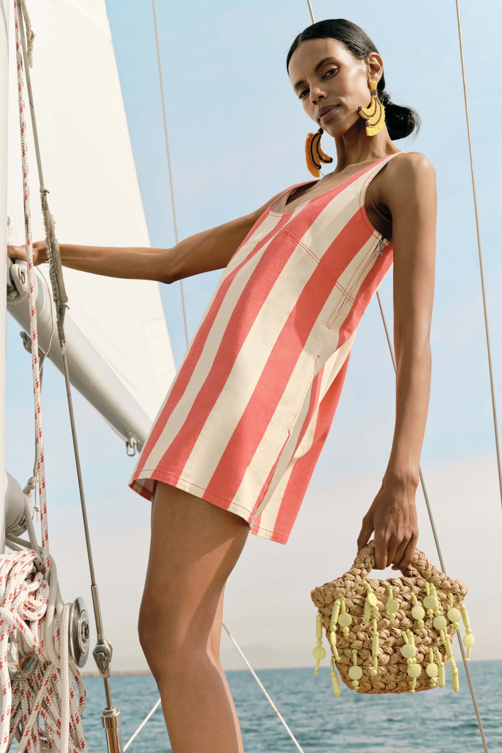 red cotton sleeveless v-neck relaxed striped short dress