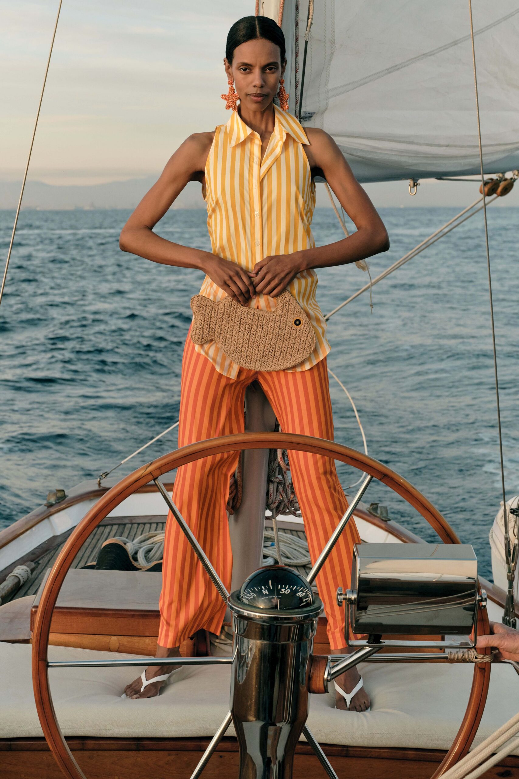 yellow cotton sleeveless collared relaxed striped shirt