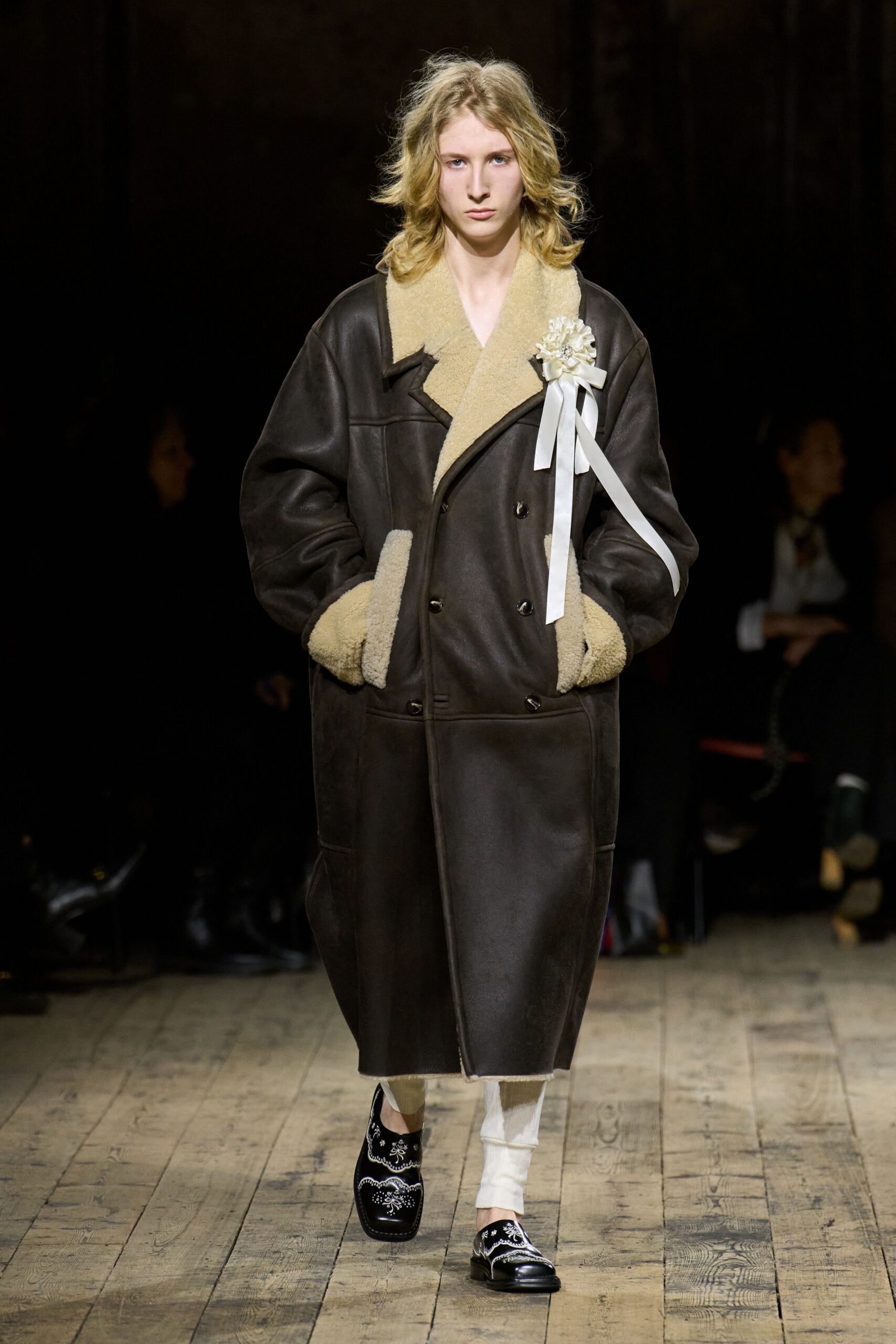 brown leather relaxed coat with embellished shoes