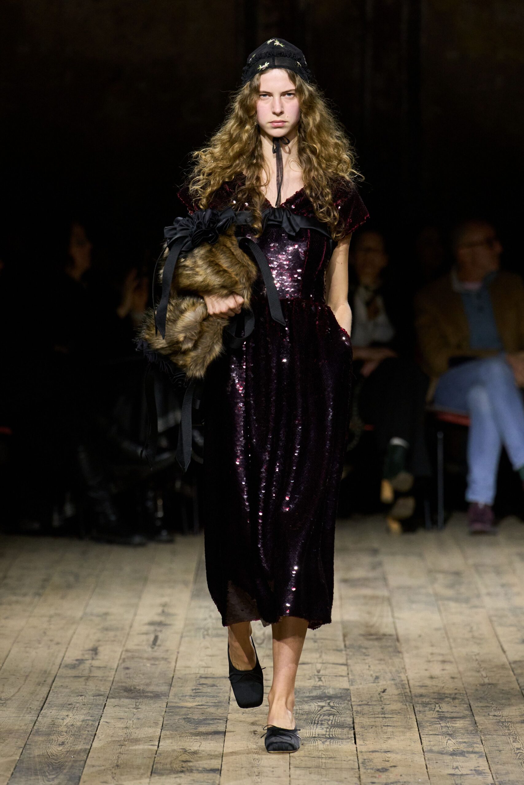 purple sequin short-sleeve v-neck fitted pleated embellished dress
