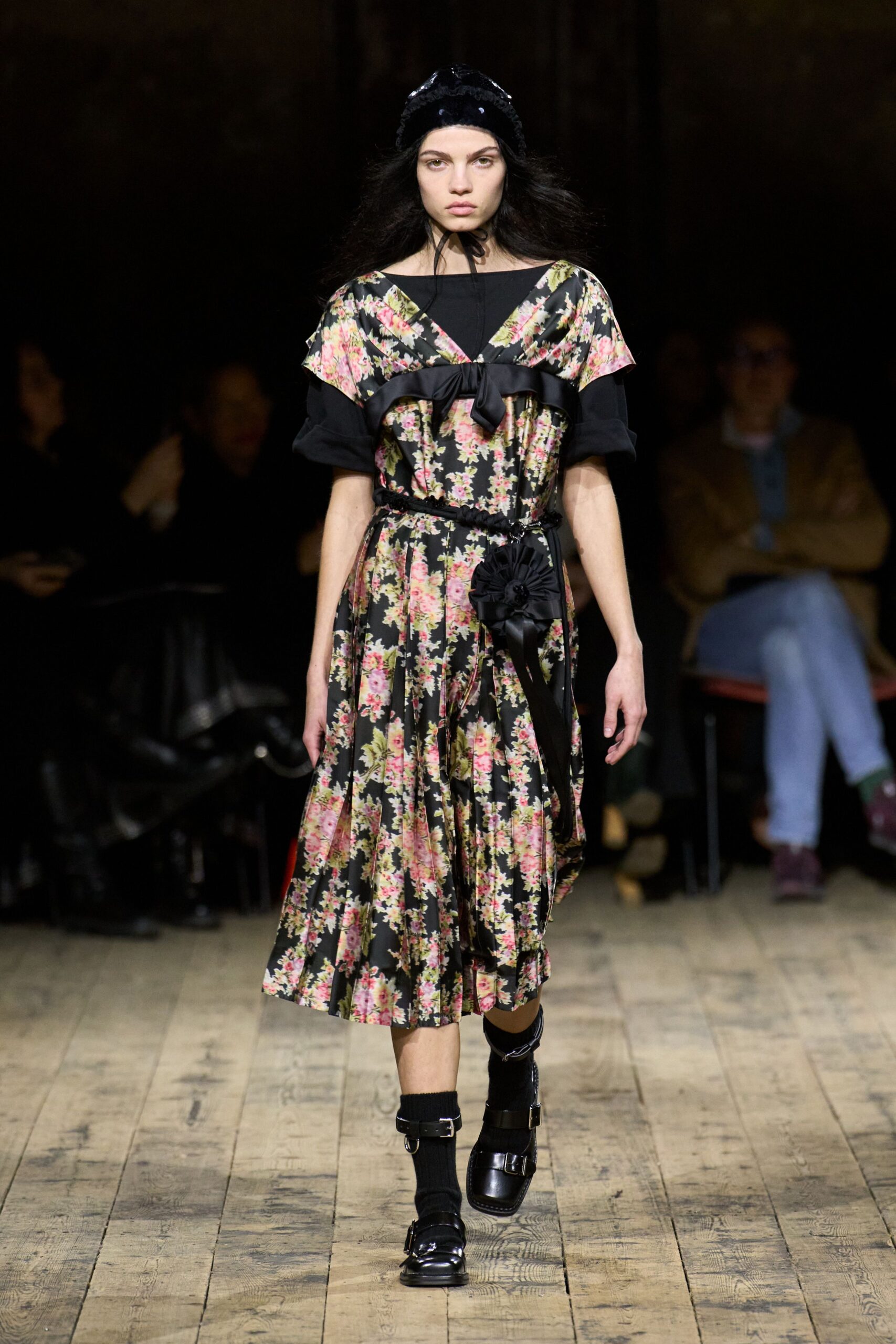 black floral midi dress with hat