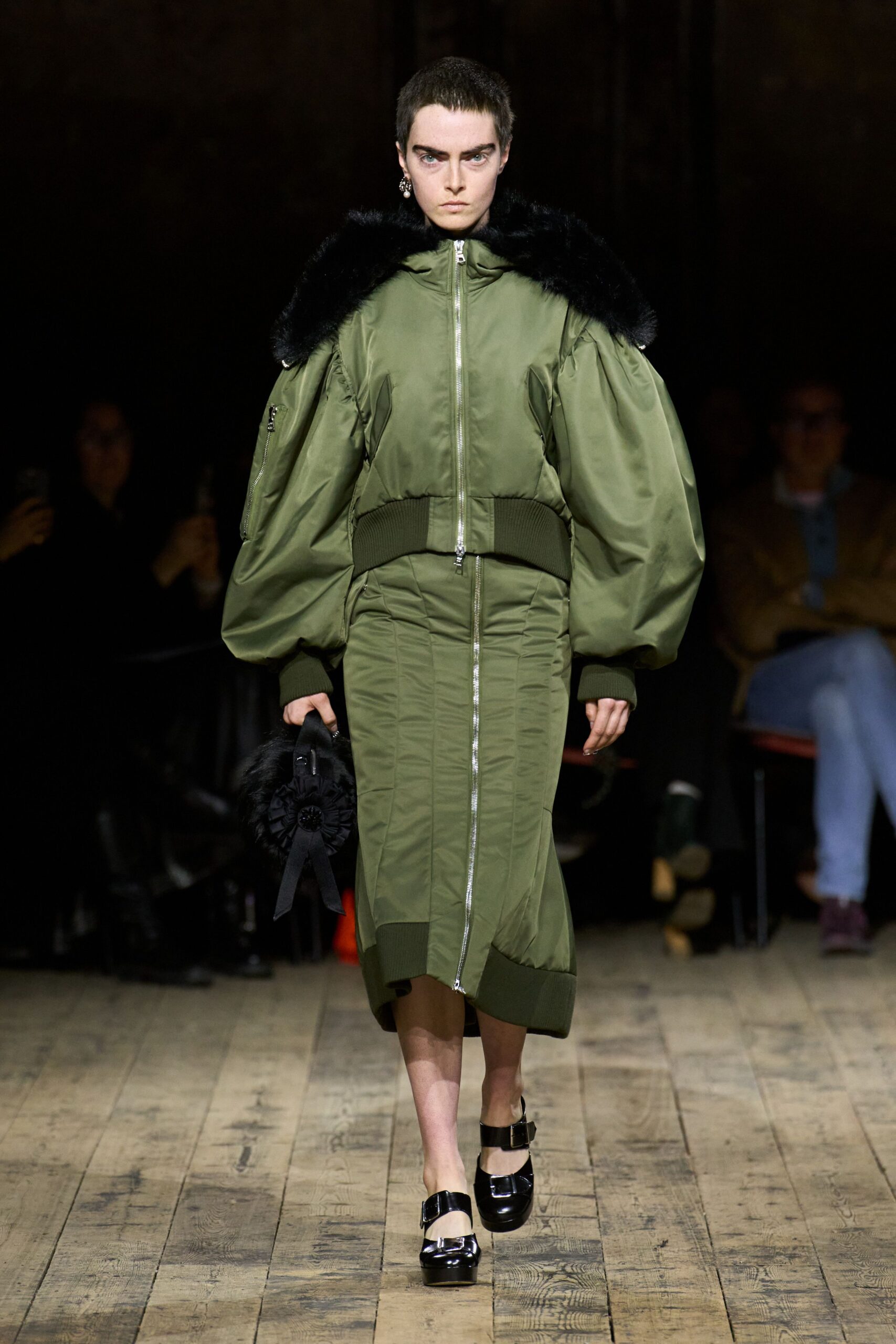 green silk long-sleeve collared fitted padded zippered jacket