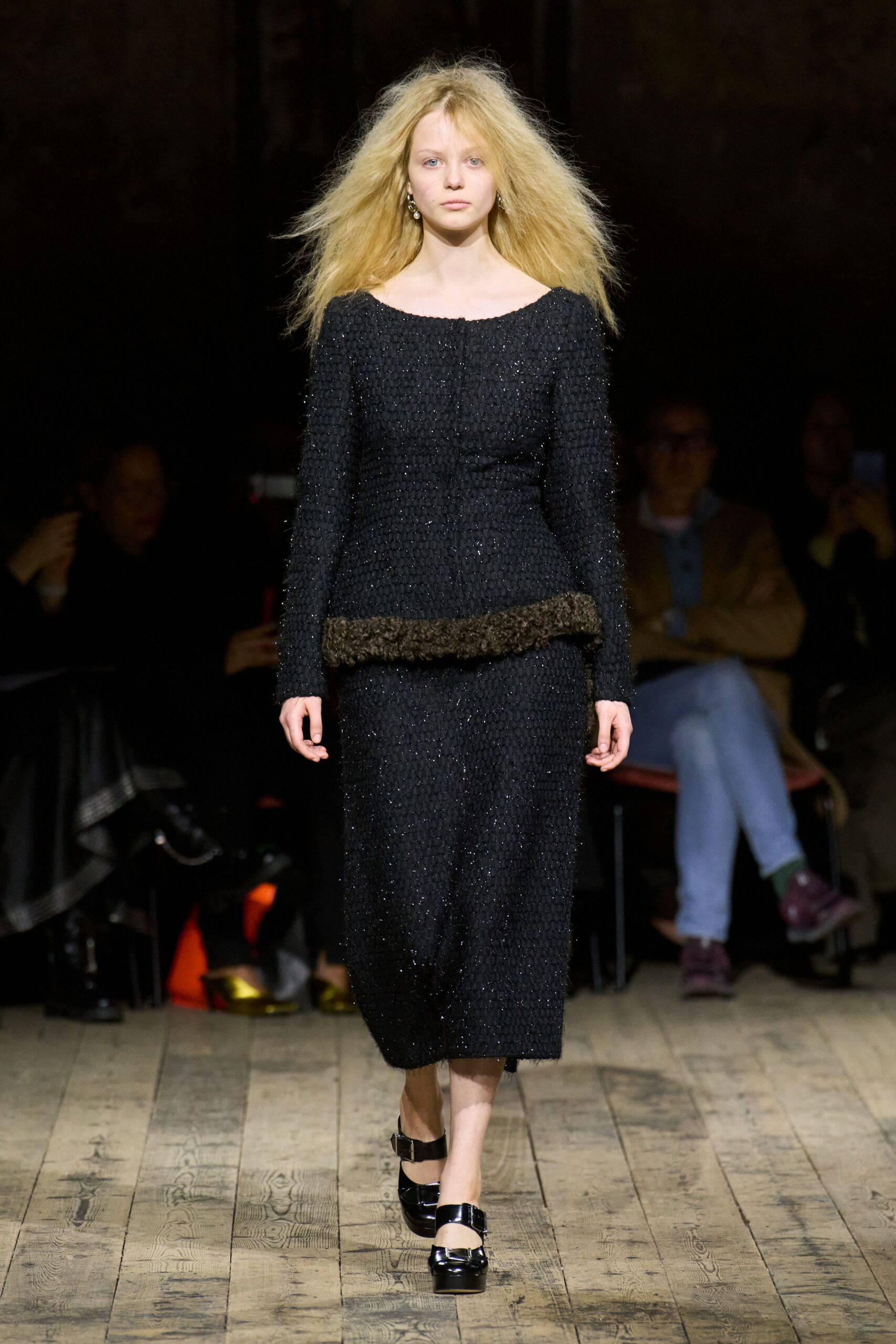 black tweed long-sleeve off-shoulder fitted pencil textured dress