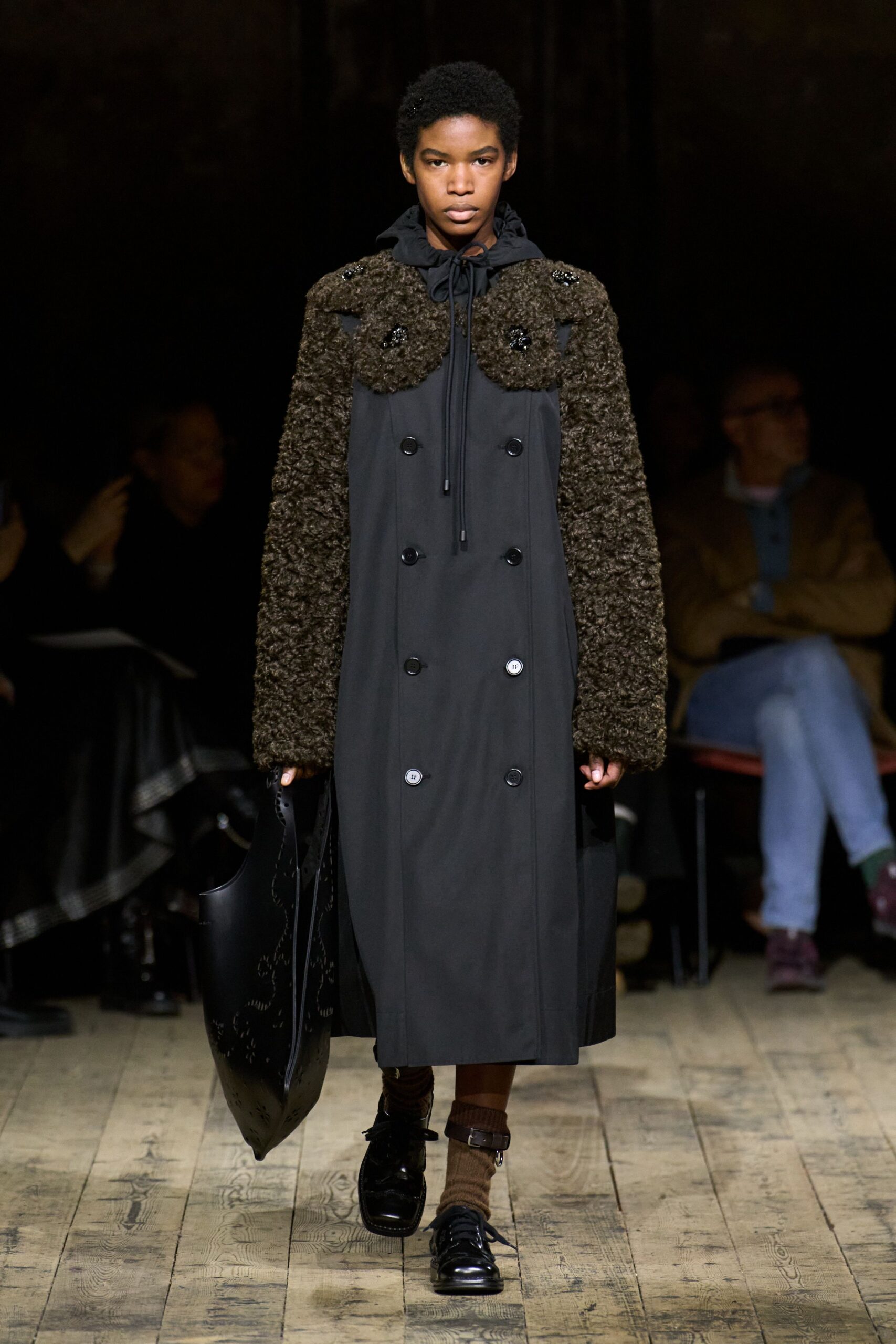 black wool long-sleeve collared fitted pleated buttoned coat