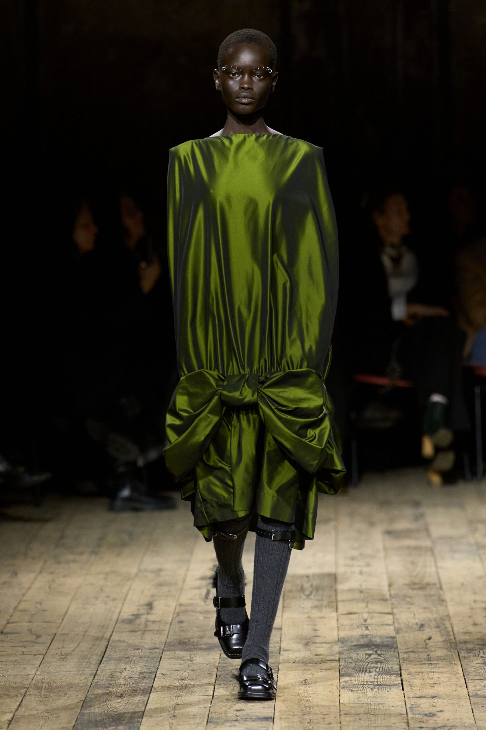 green silk long-sleeve high-neck relaxed draped pleated dress
