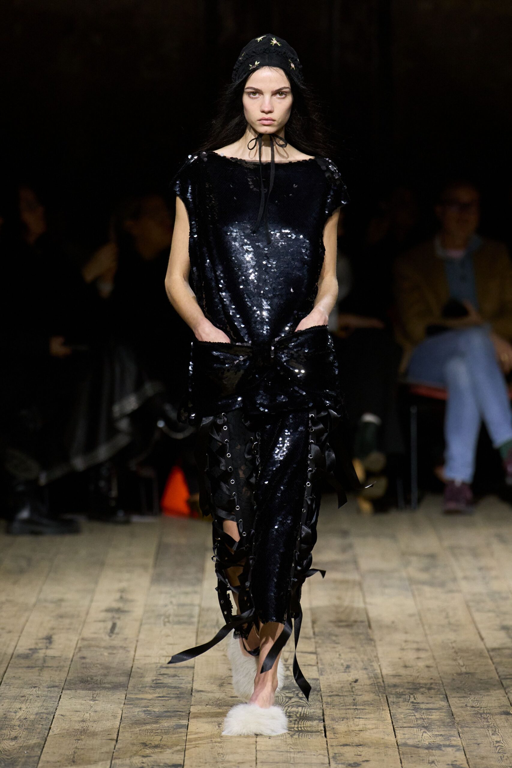 black sequin sleeveless v-neck fitted layered fringed dress