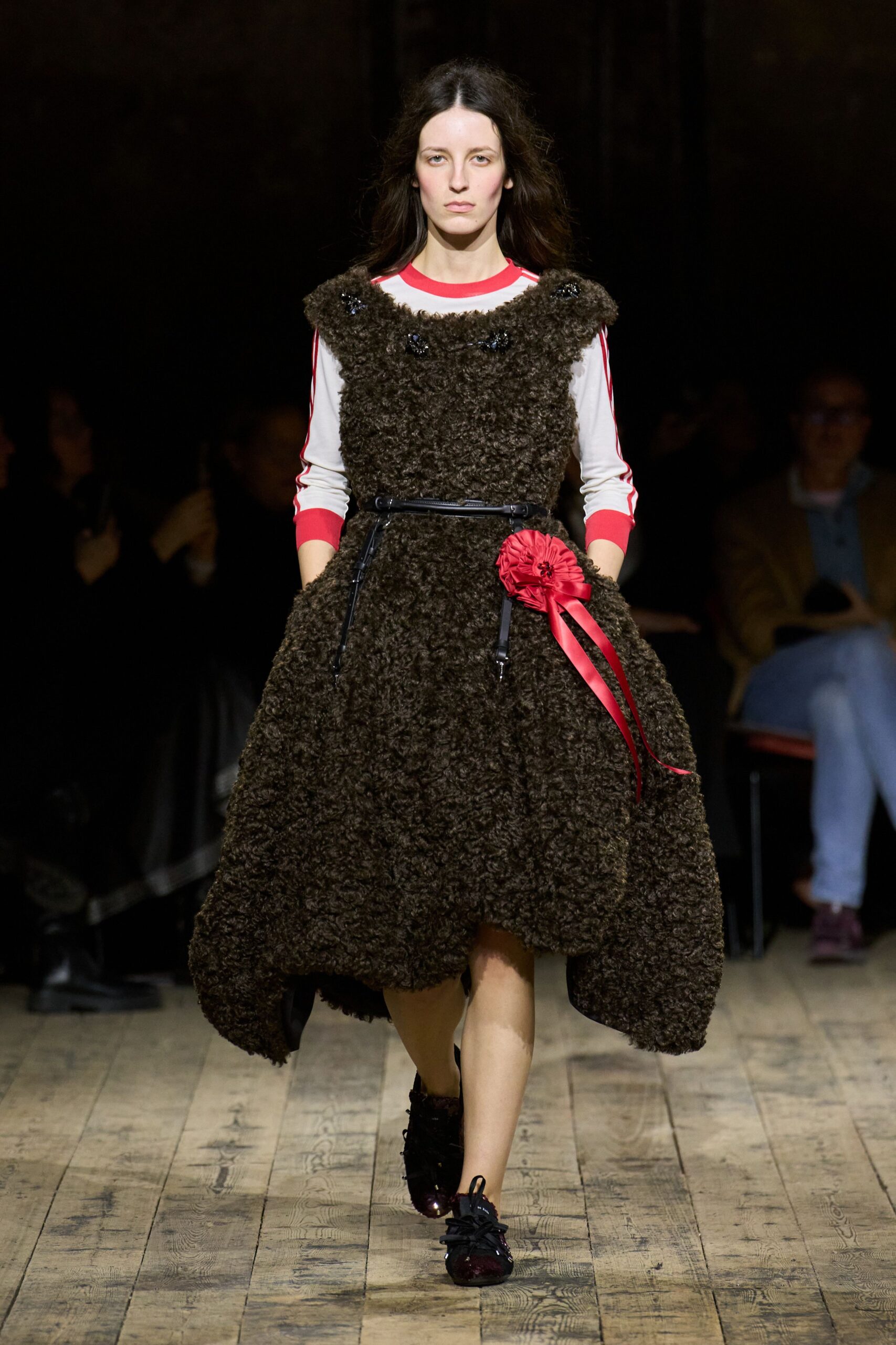 brown wool sleeveless high-neck fitted ruffled belted dress